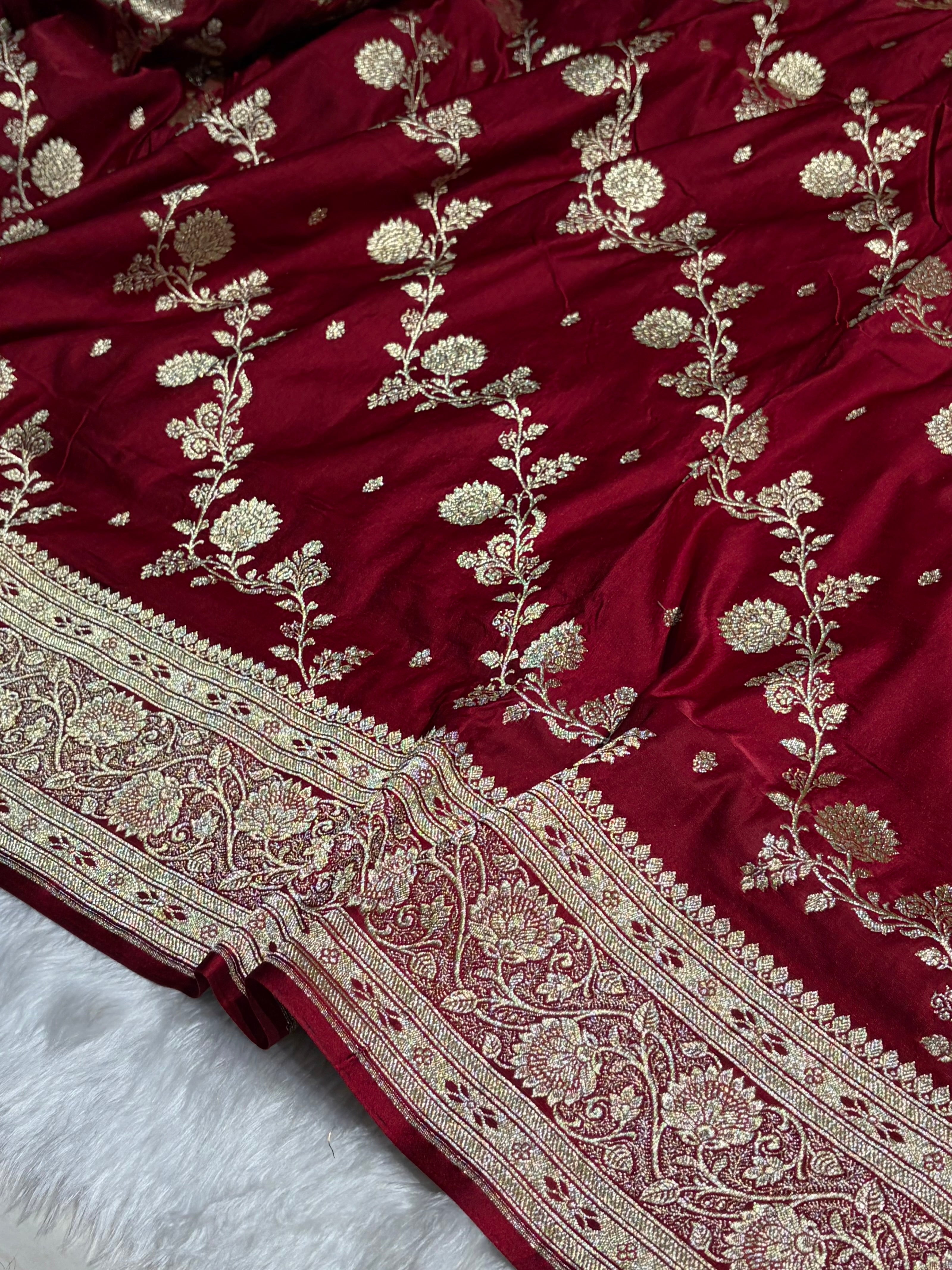 Maroon Katan Silk Saree In Cross Floral Motif