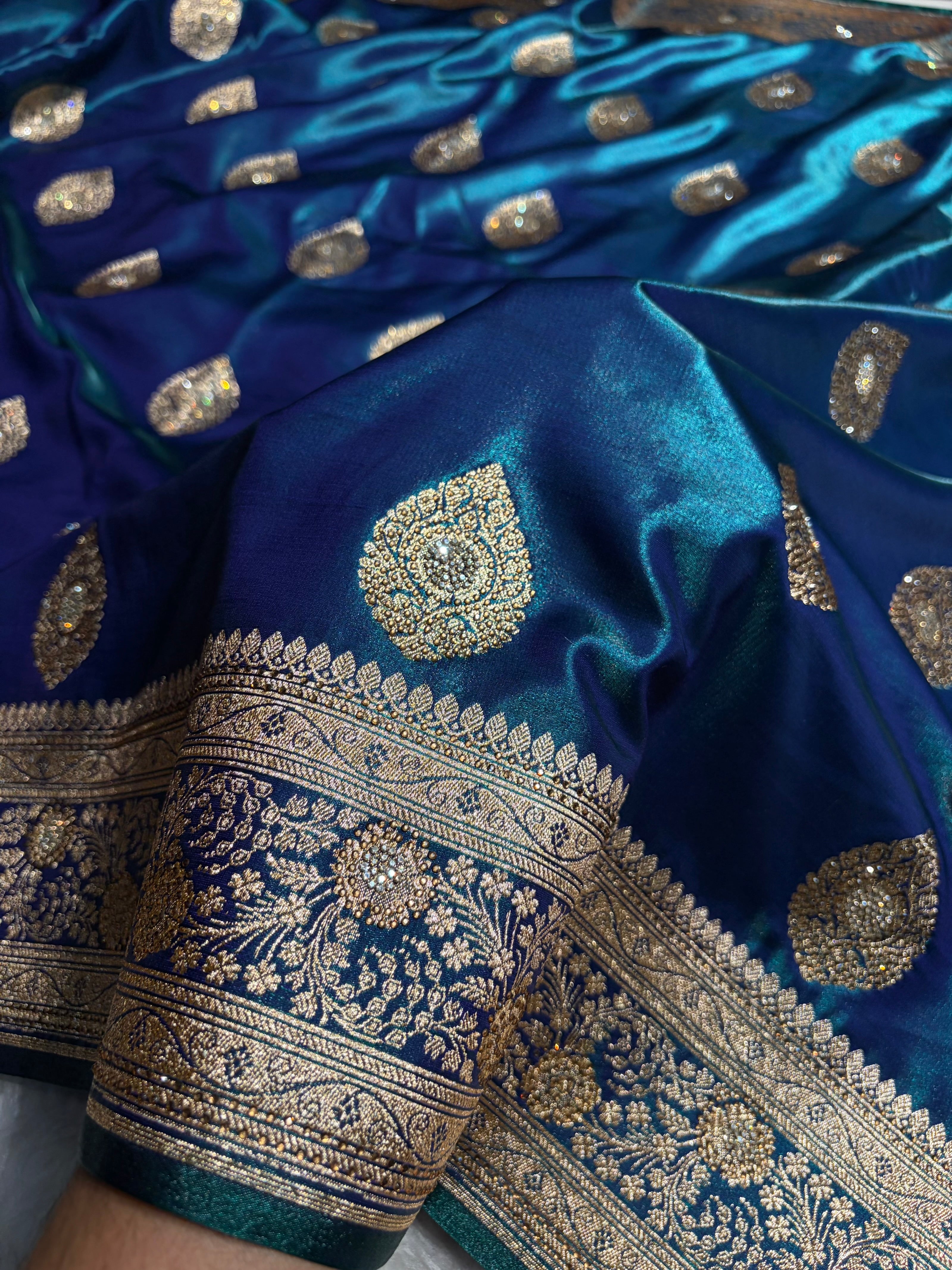 Peacock Shades Banarsi Satin Silk Boota with Stone Work