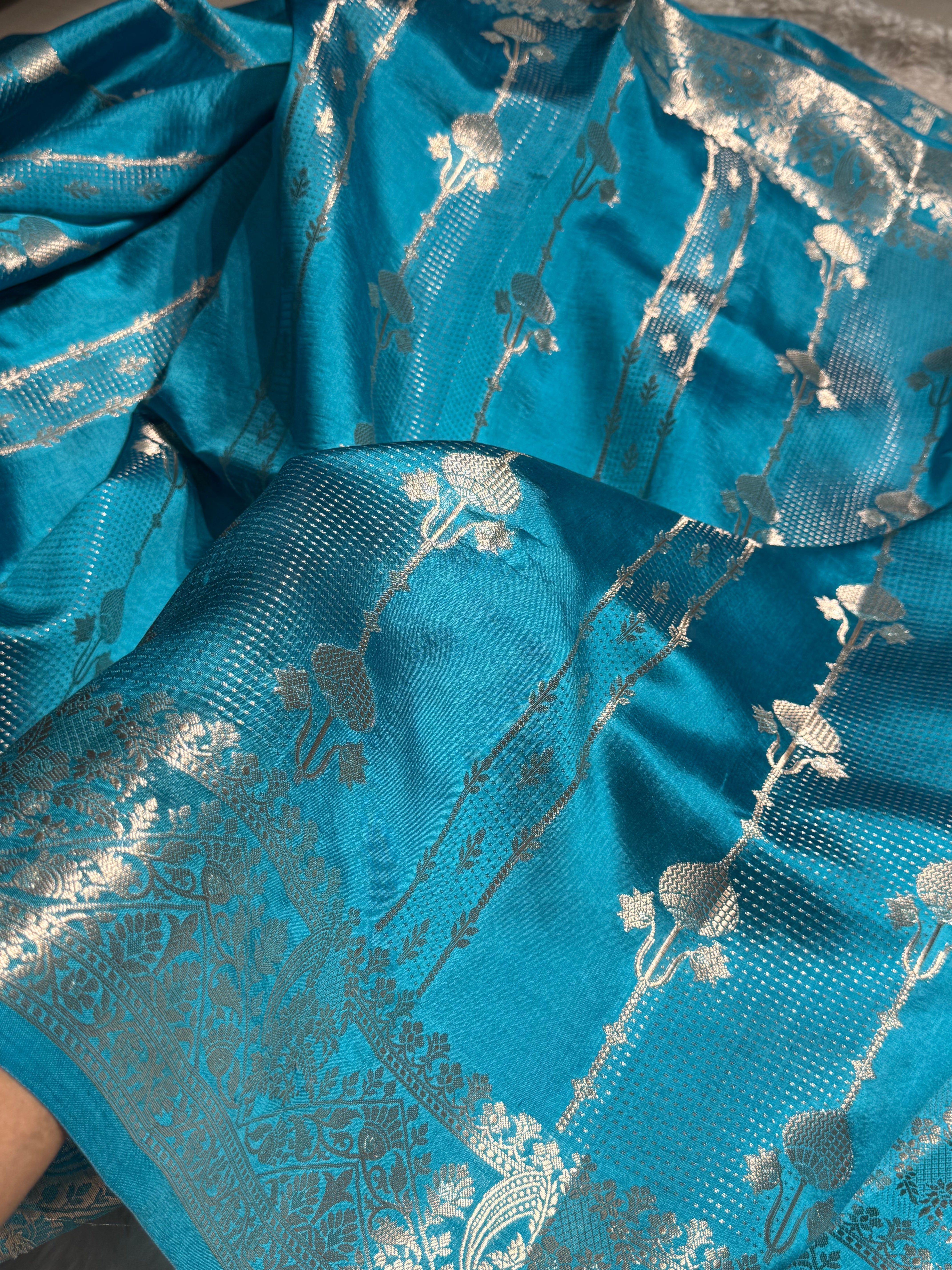 Dusty Blue Shades Floral Strip Booti Pure Caramel Mango Silk Saree