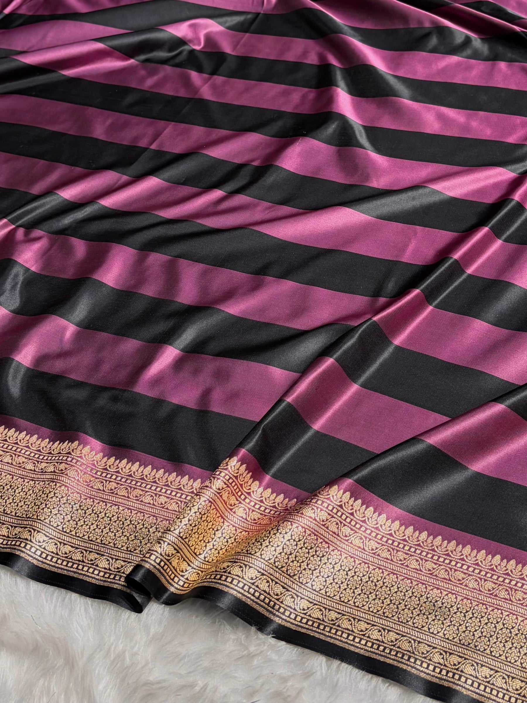 Rani With Black Horizontal Strips Floral Border & Brocket Blouse Mashru Silk Saree MSM-84