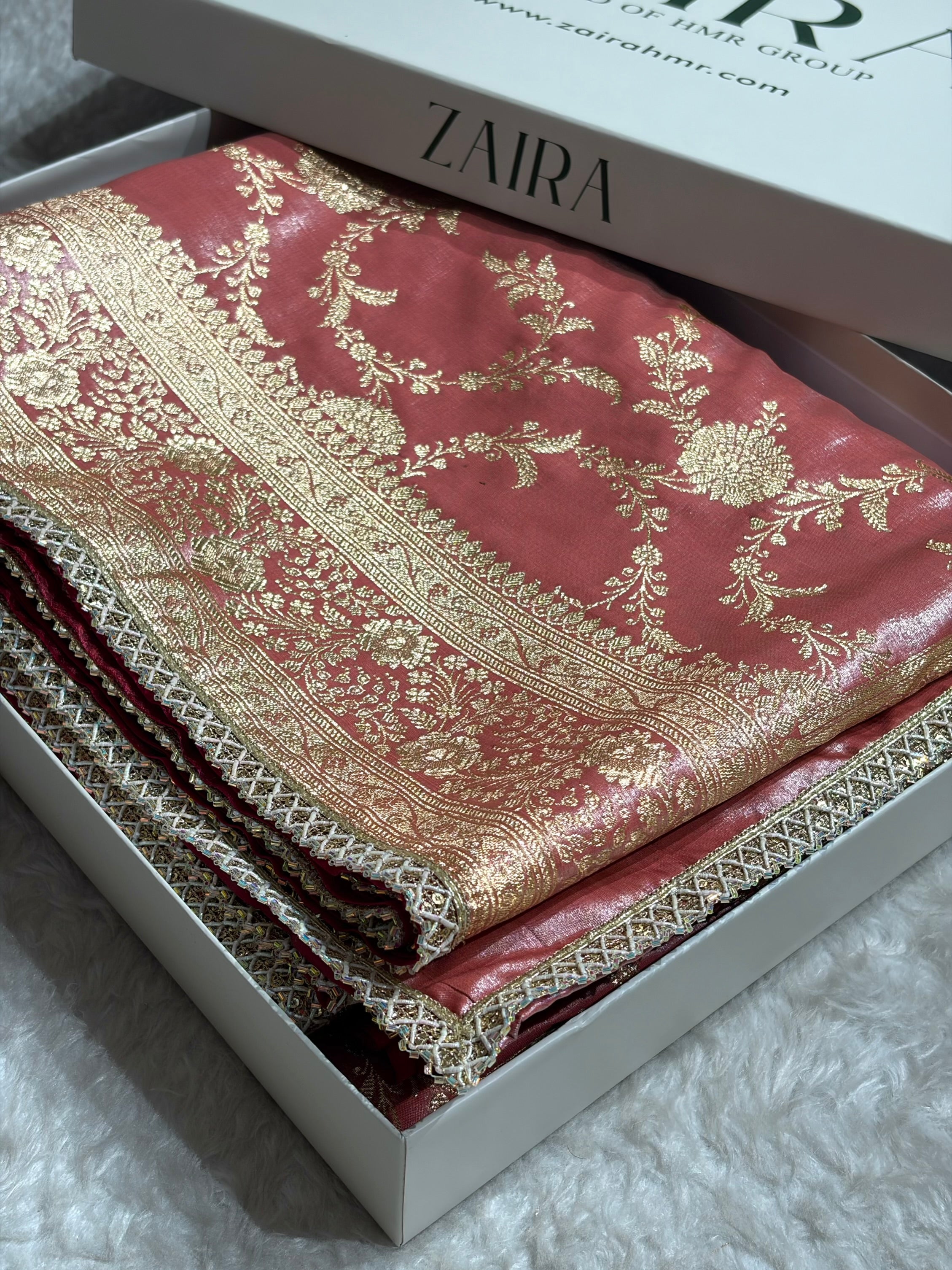 Satin Silk Banarasi Jaal In Dusty Peach Shades With Gotta Patti SSGP14