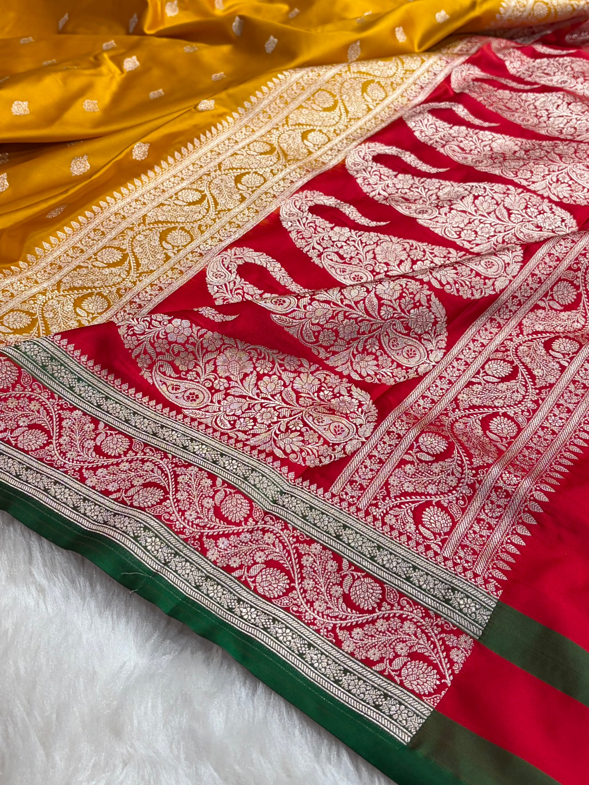 Banarasi Orange With Contrast Red Floral Border Mashru Silk Saree MSM-101