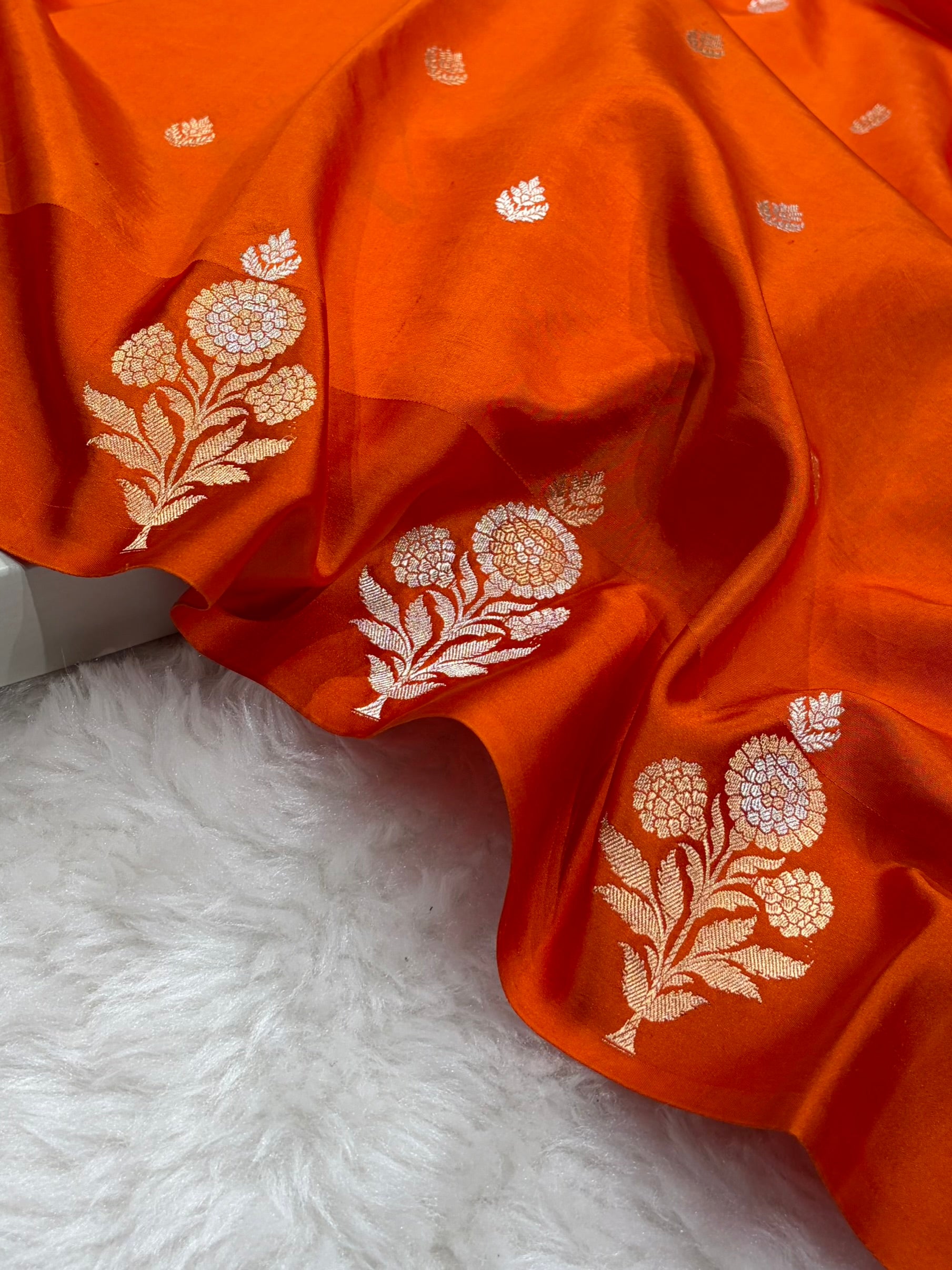 Banarasi Orange Shades Meenakari Boota Handwoven Pure Katan Paper Silk RM-75