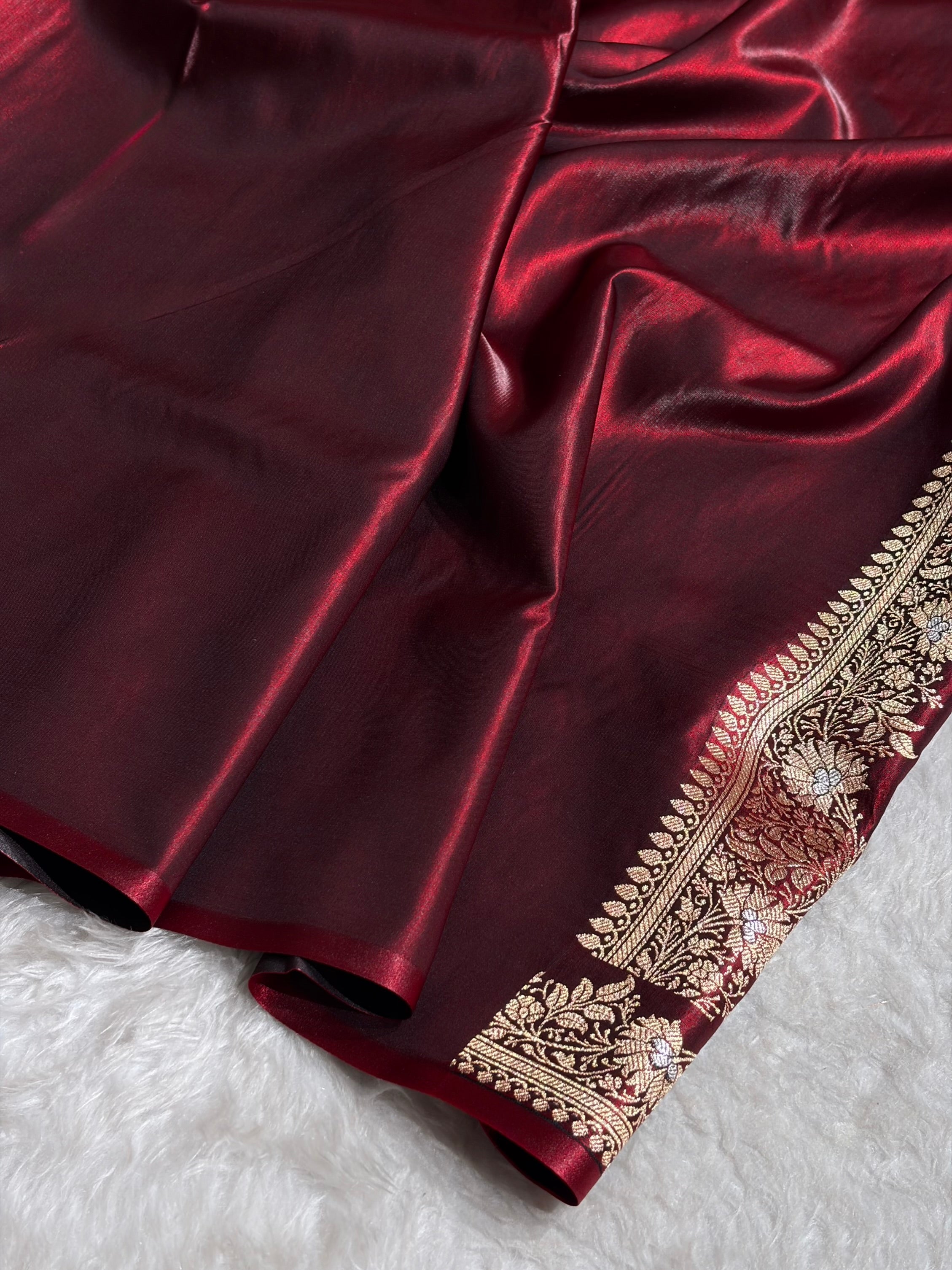 Banarasi Maroon Shades Minakari Booti Pattern Banarasi Satin Silk Saree SS60