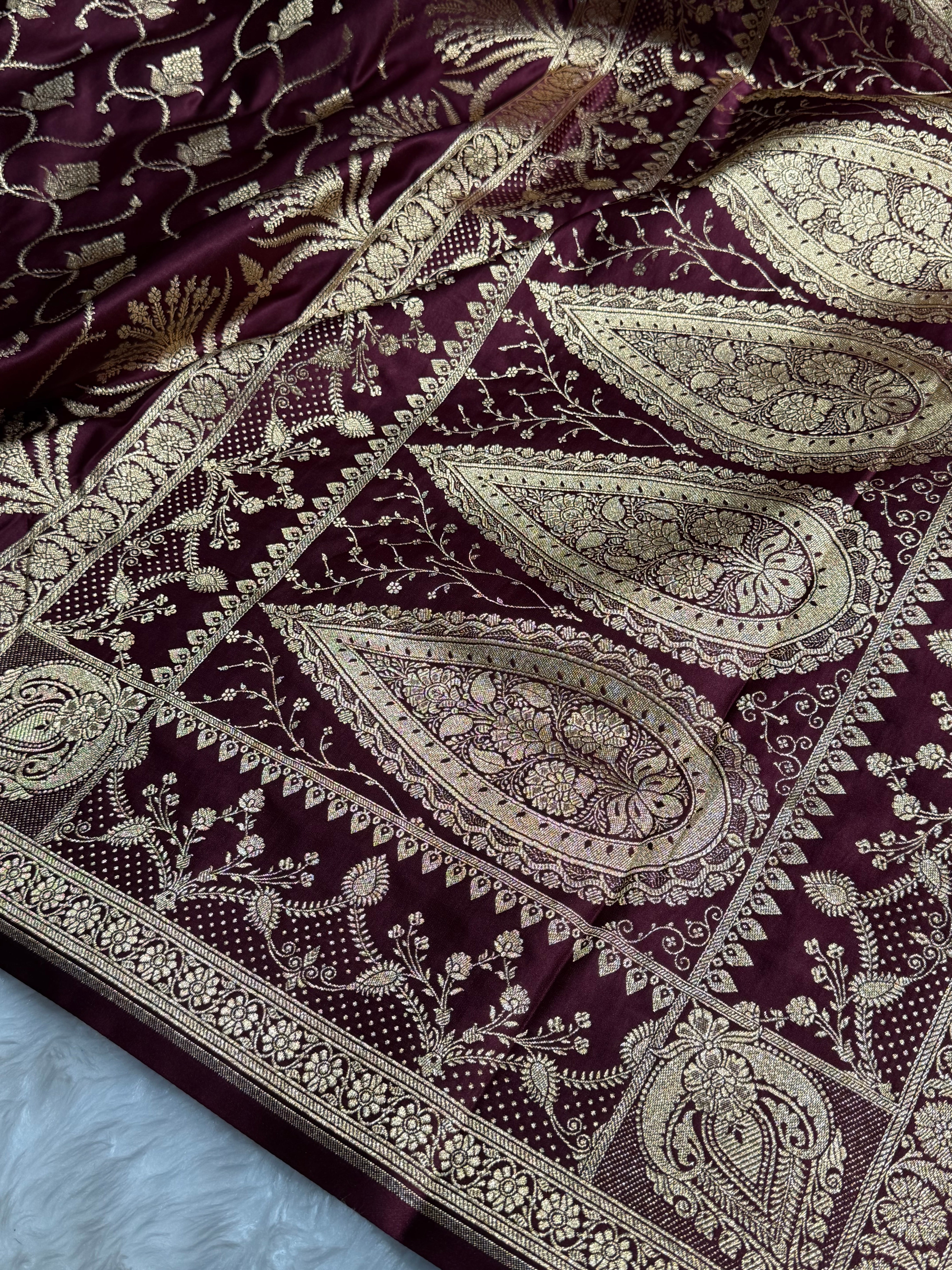 Banarasi Satin Katan Saree With Minakari Boota in Garnet Shades SK96