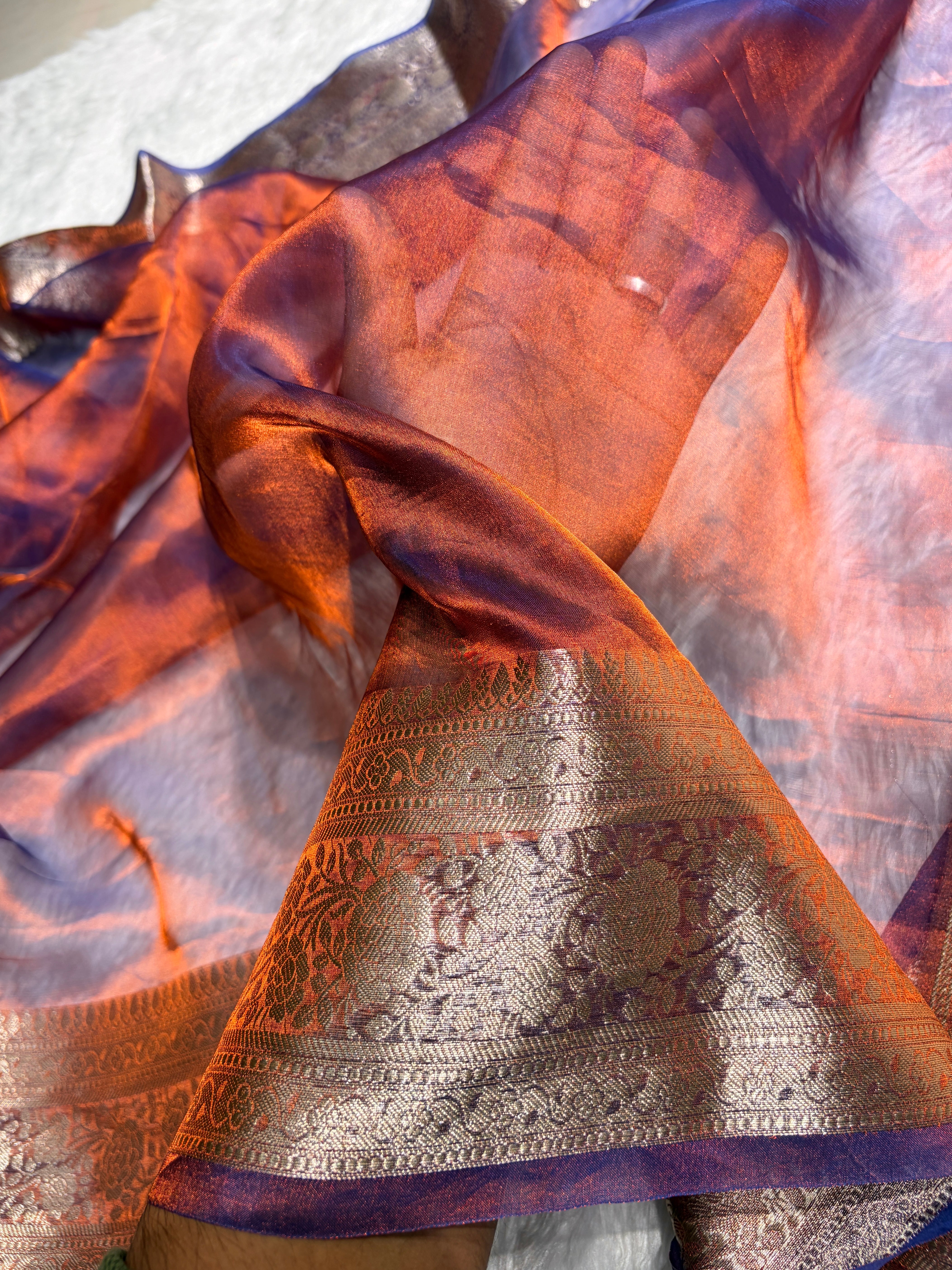Rusty Royal Blue Shades Pure Tissue Silk Saree with Brocade Blouse PT-08