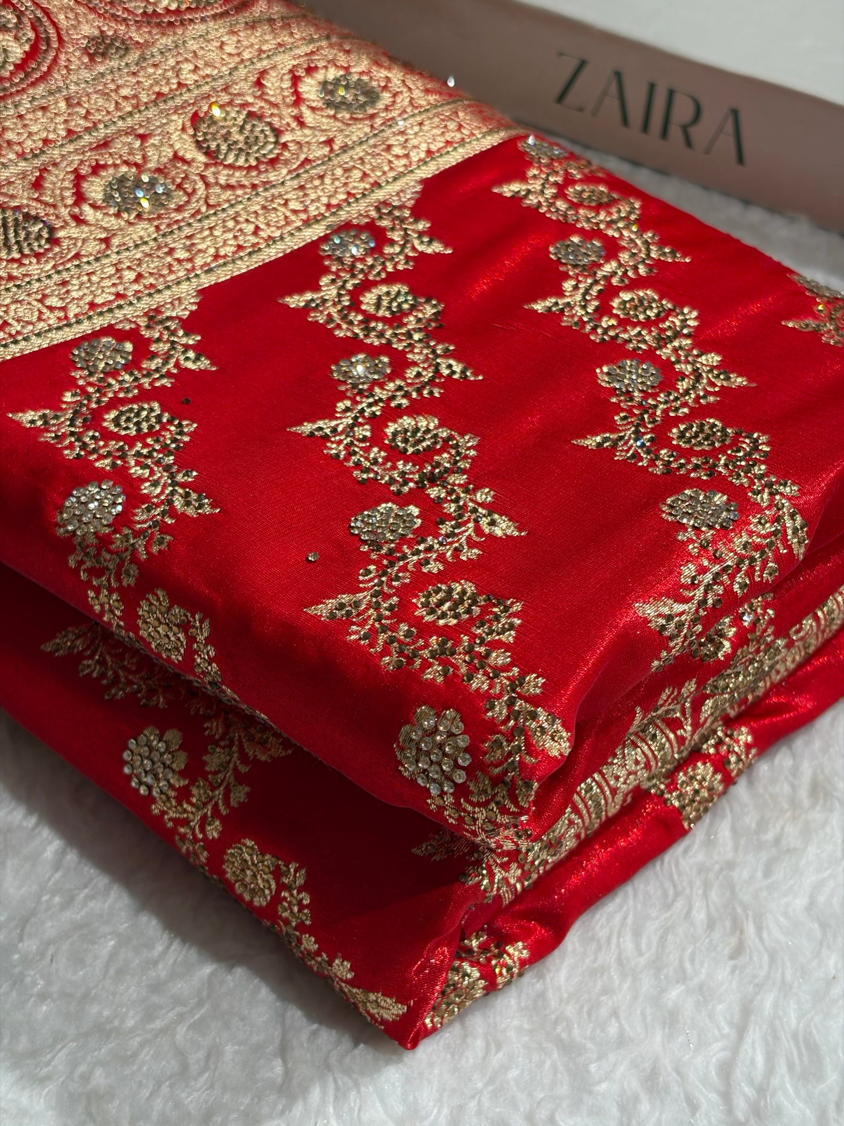 Banarasi Bridal Red Shades With Swarovski Stone and White Stone Work Satin Silk Saree BSS32