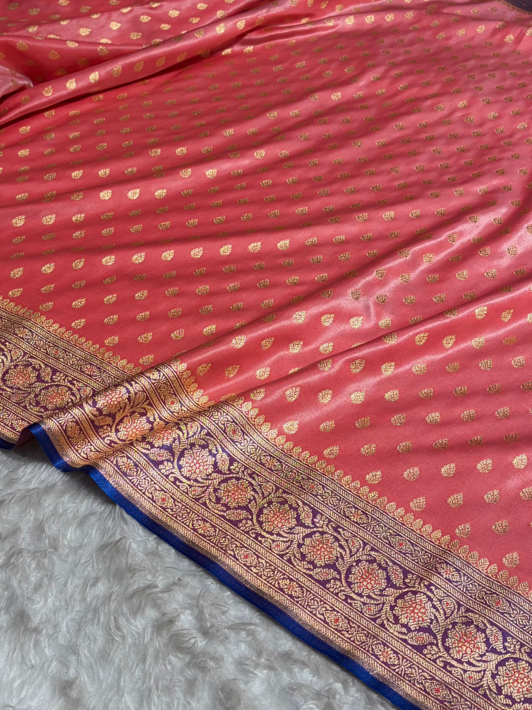 Banarasi Contrast Satin Silk Booti in Baby Pink With Royal Blue Shades SS01