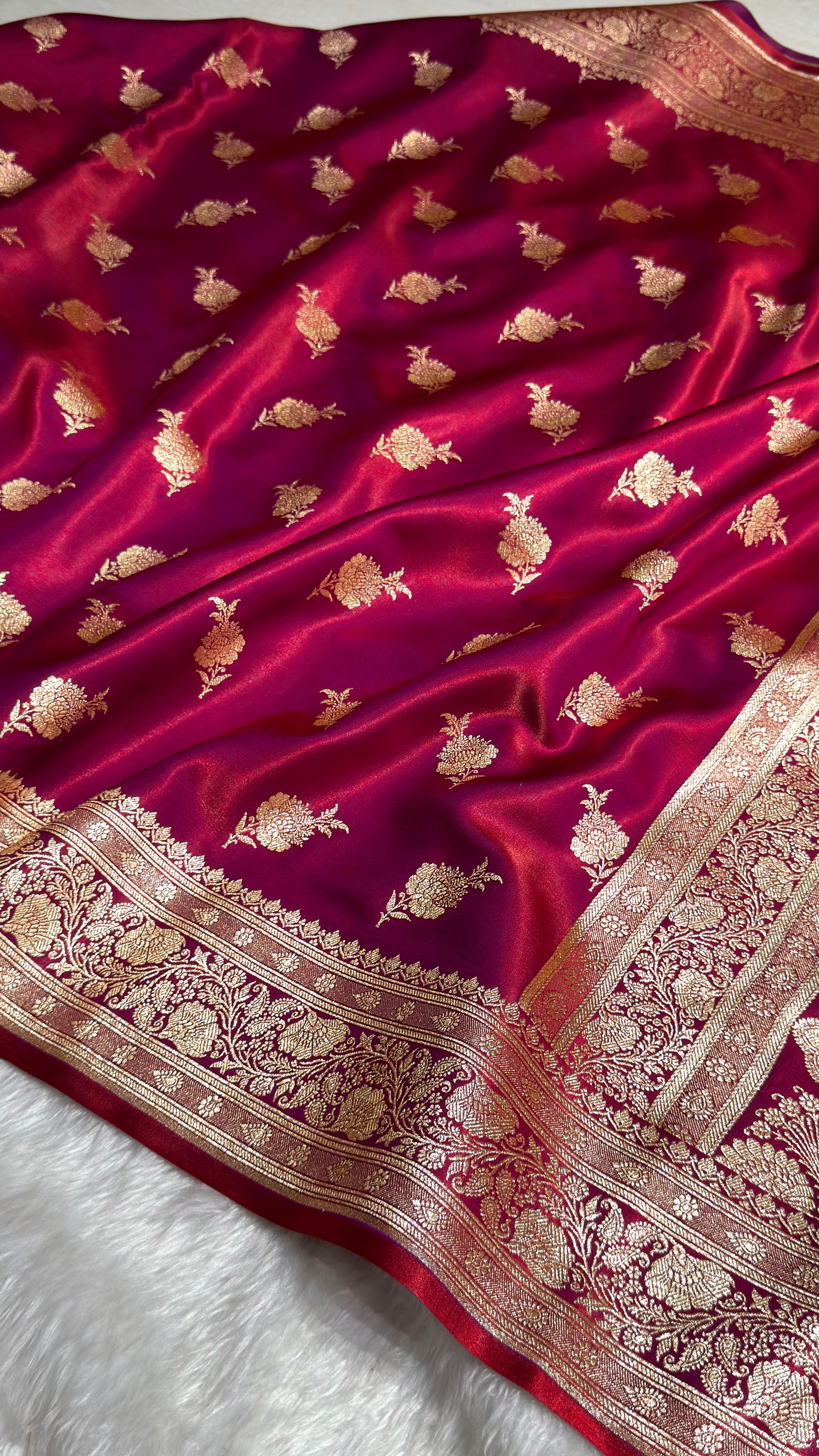 Satin Silk Saree Floral Boota in Magenta Red Shades In Nine Yards SSNY26