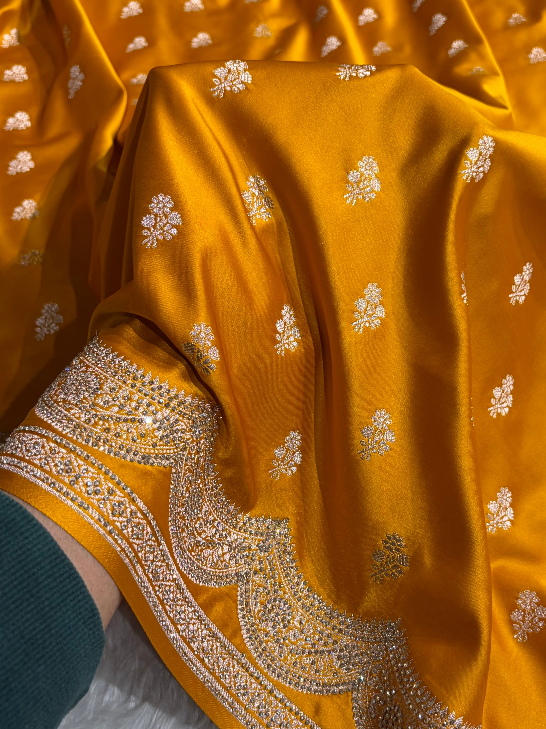 Banarasi Mustard Scallop Mashru Silk with White Stone Swarovski work BMS02