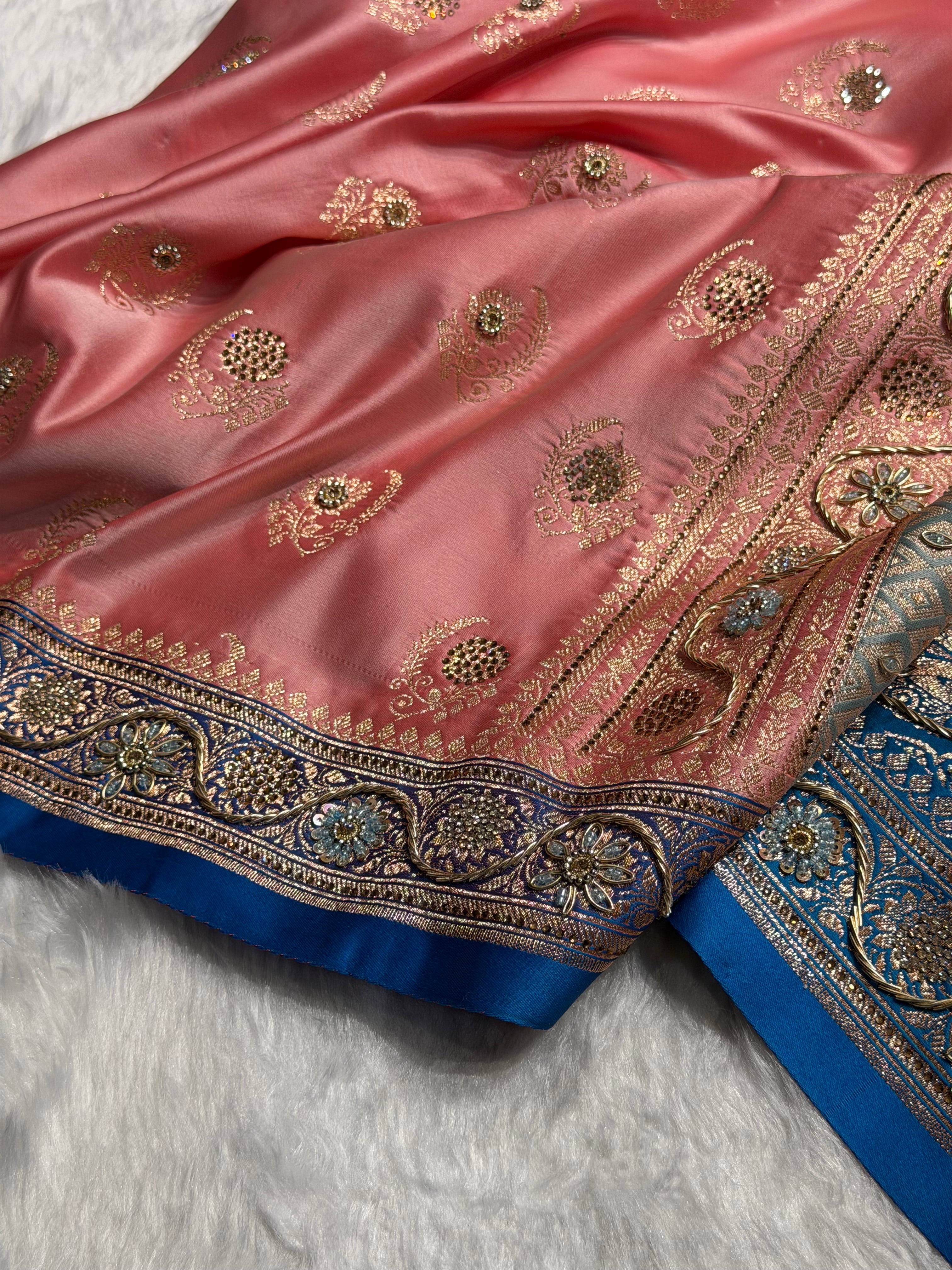 Light Pink with Blue Contrast Floral Boota With Swarovski & Zardozi Work Satin Katan Silk saree BSK27
