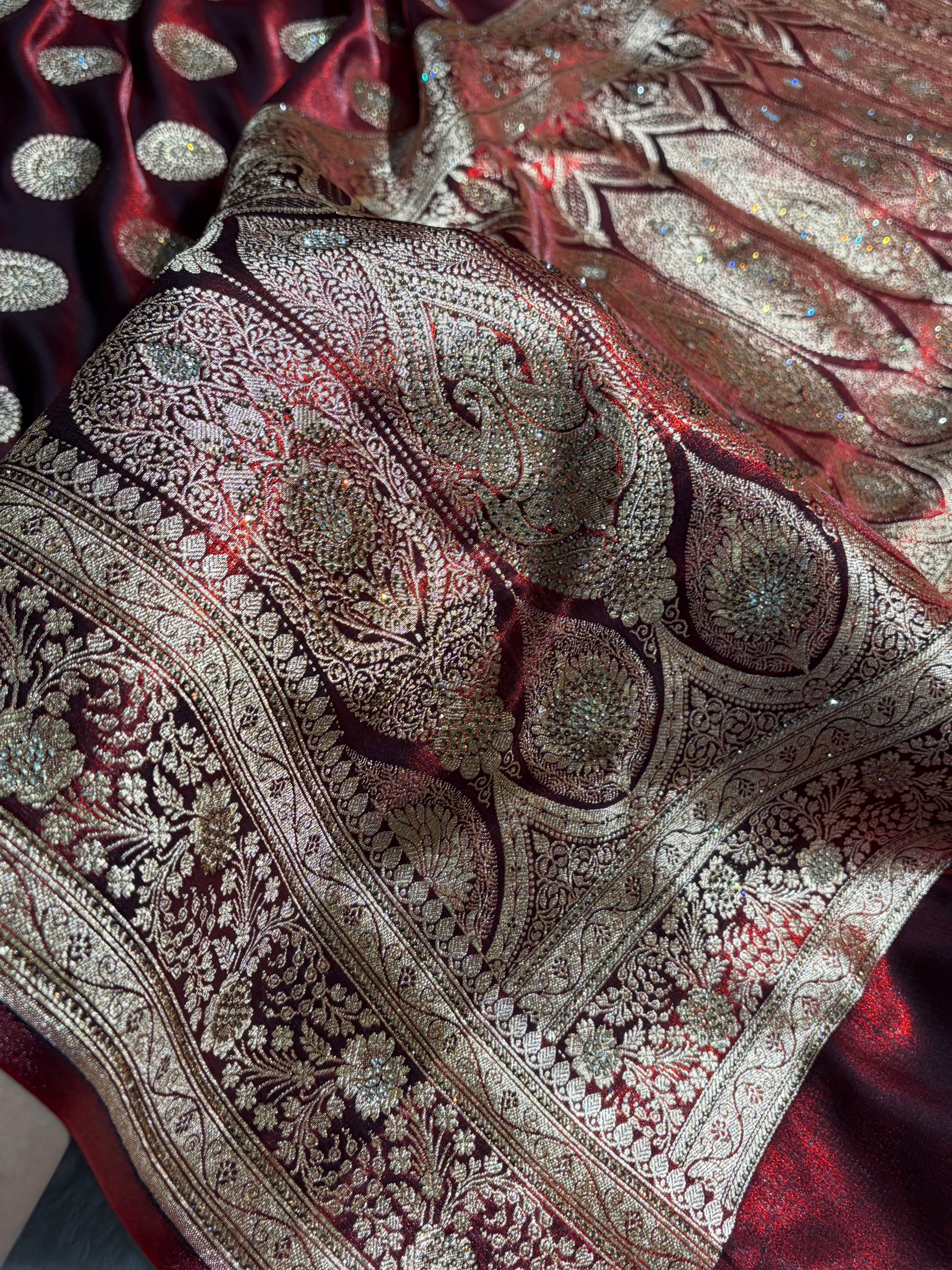 Maroon Shades Banarasi With Swarovski Stone Work Satin Silk Saree BSS33