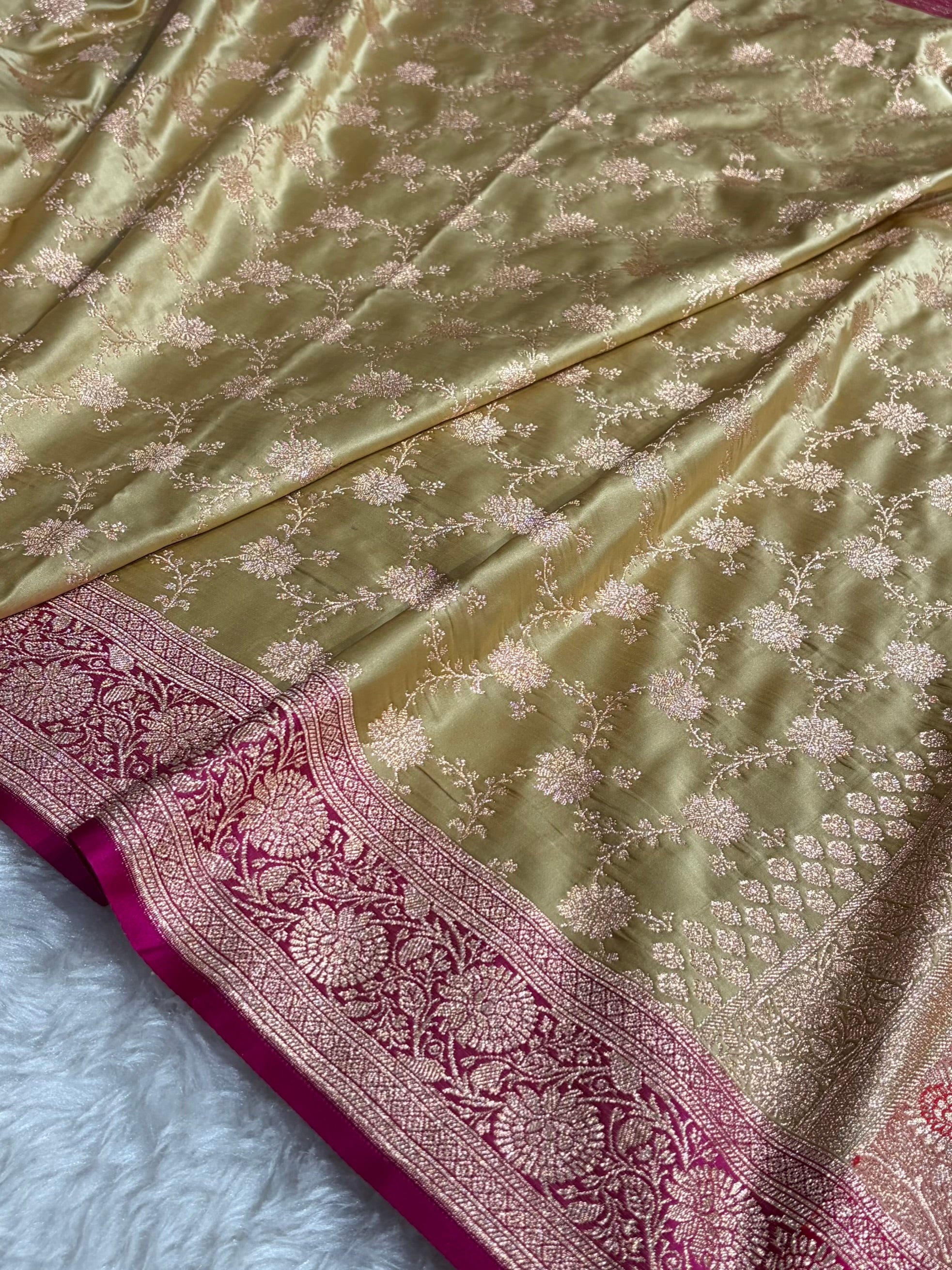 Banarasi Satin Katan Saree in Contrast Tusser With Rani Shades SK132
