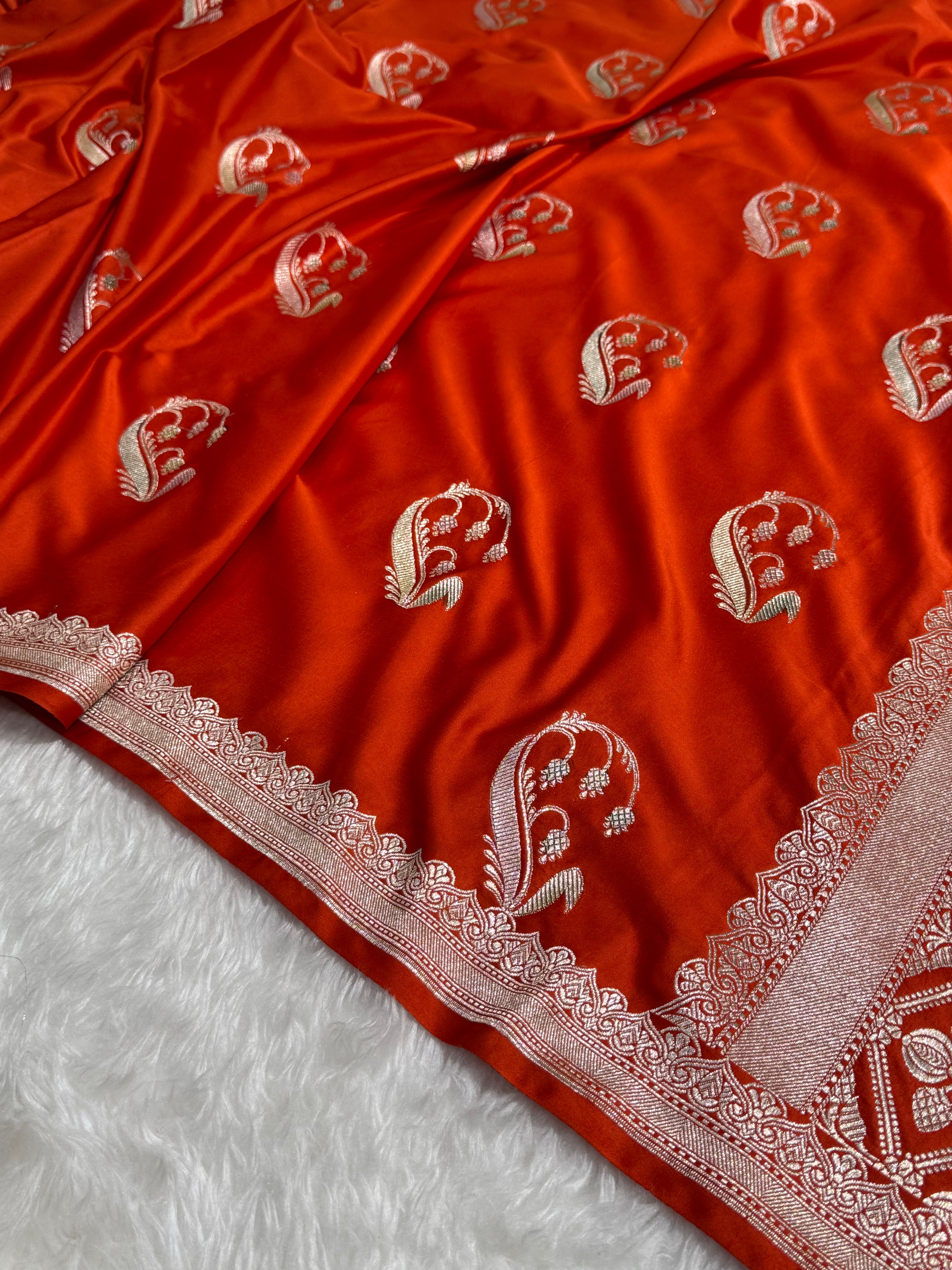Rust Orange Unique Boota Motif Mashru Silk Saree