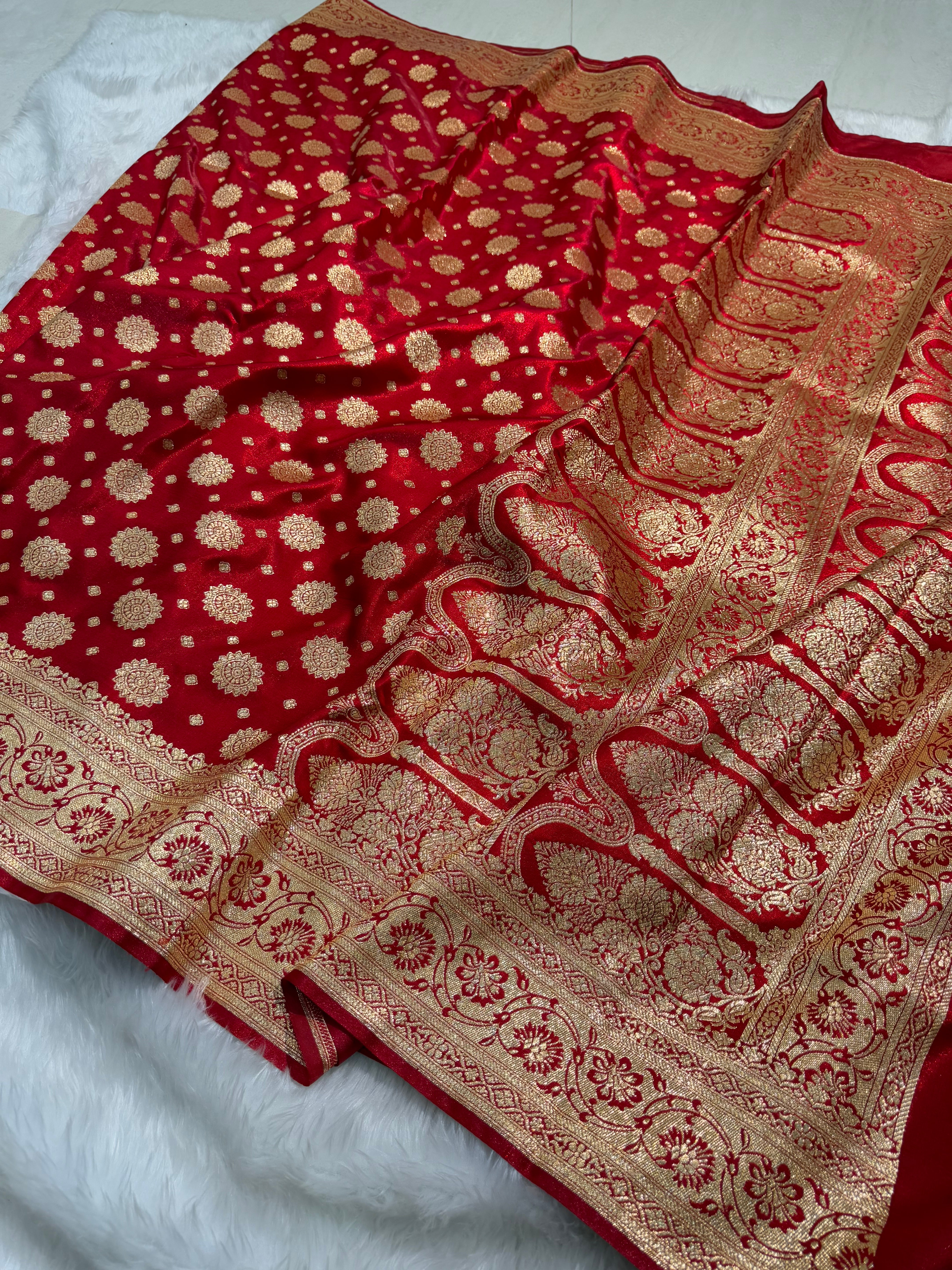 Satin Silk Booti Boota in Red Shades