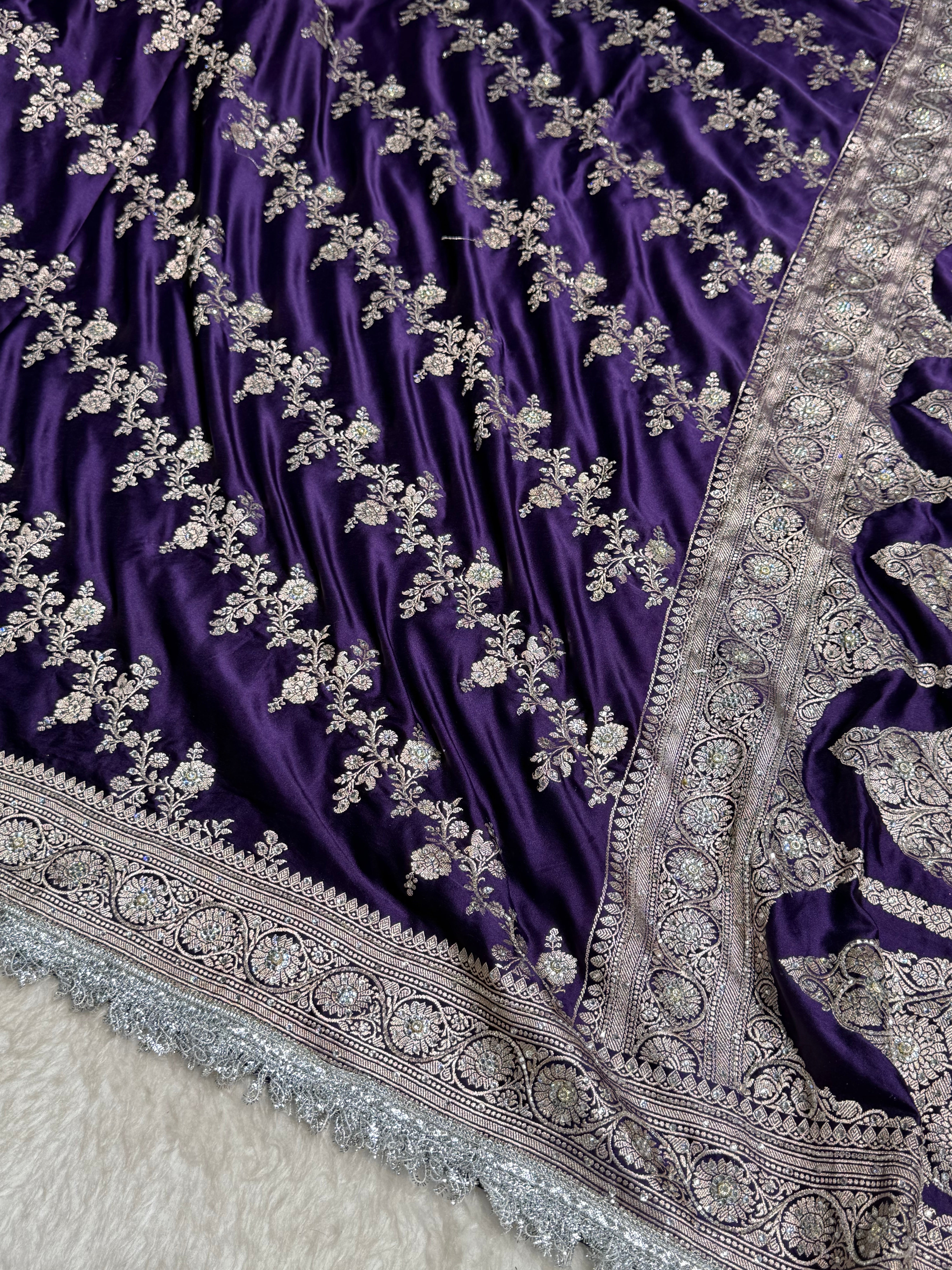 Purple shade Mashru Silk with Ari and stone work with Silver Gotta Patti