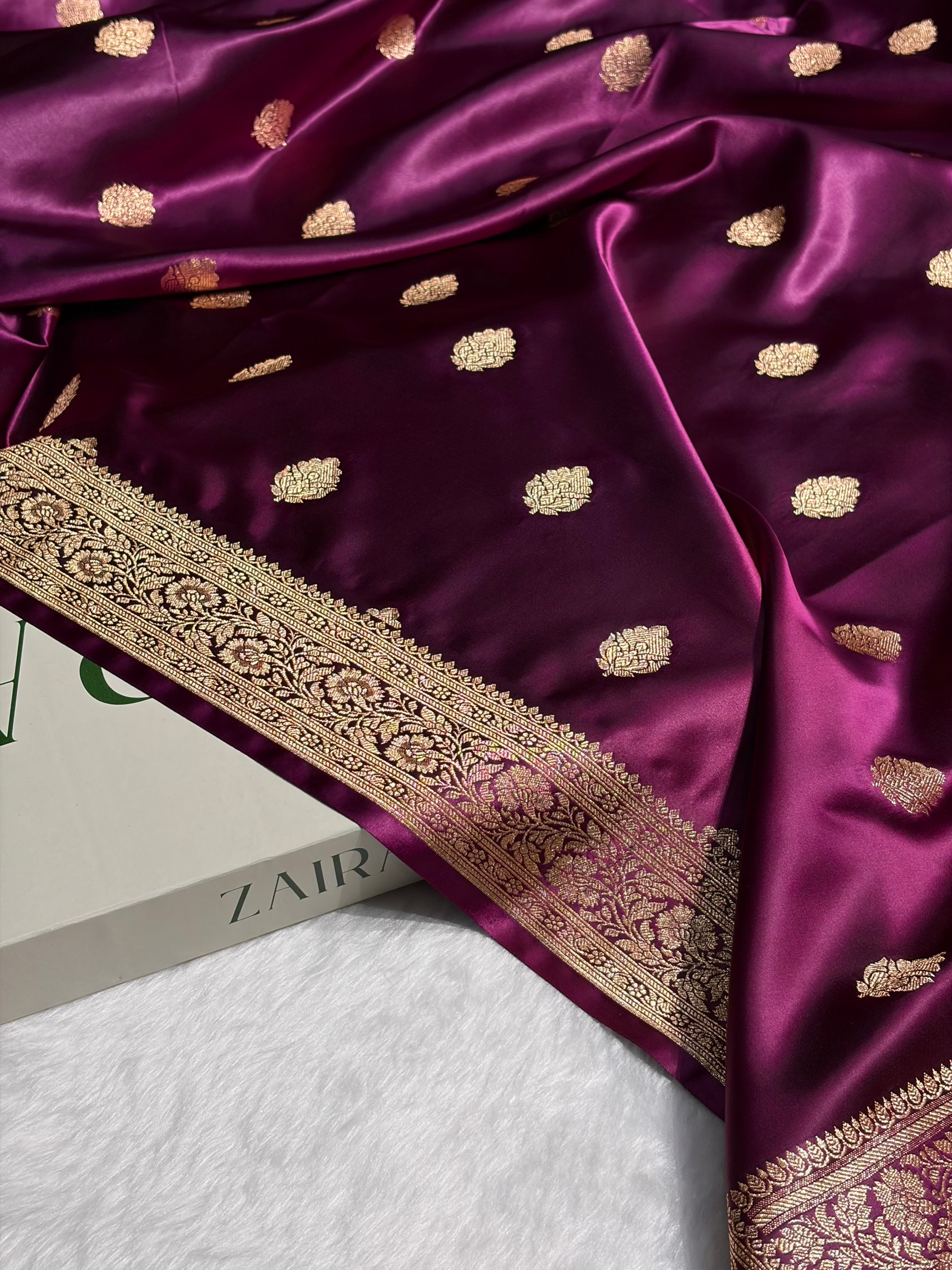 Wine Booti Pattern Satin Katan Silk Saree SK65