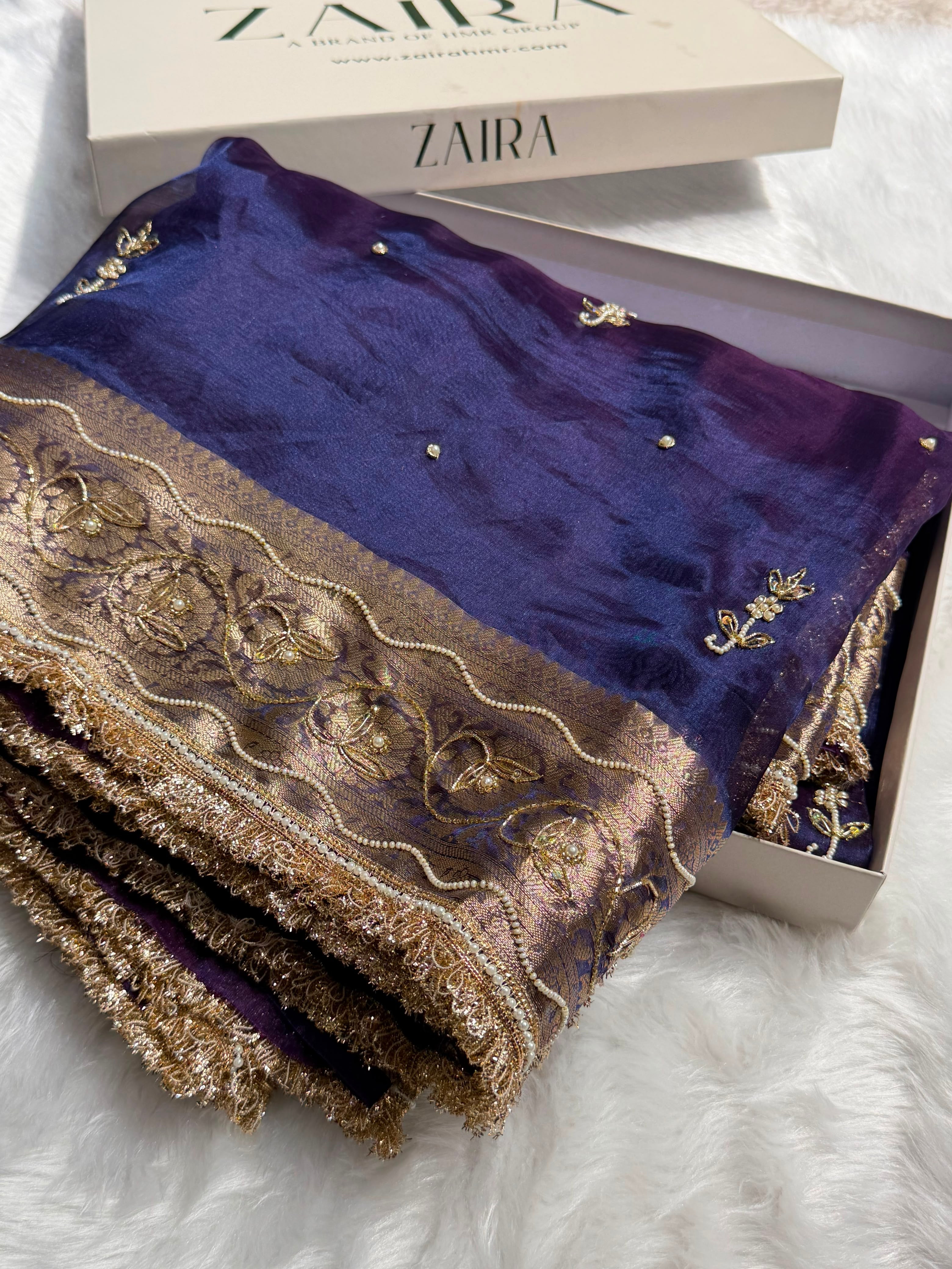 Purple Shades Wtih Ari & White Moti Work Pure Tissue Silk Saree with Brocade Blouse BPT-18