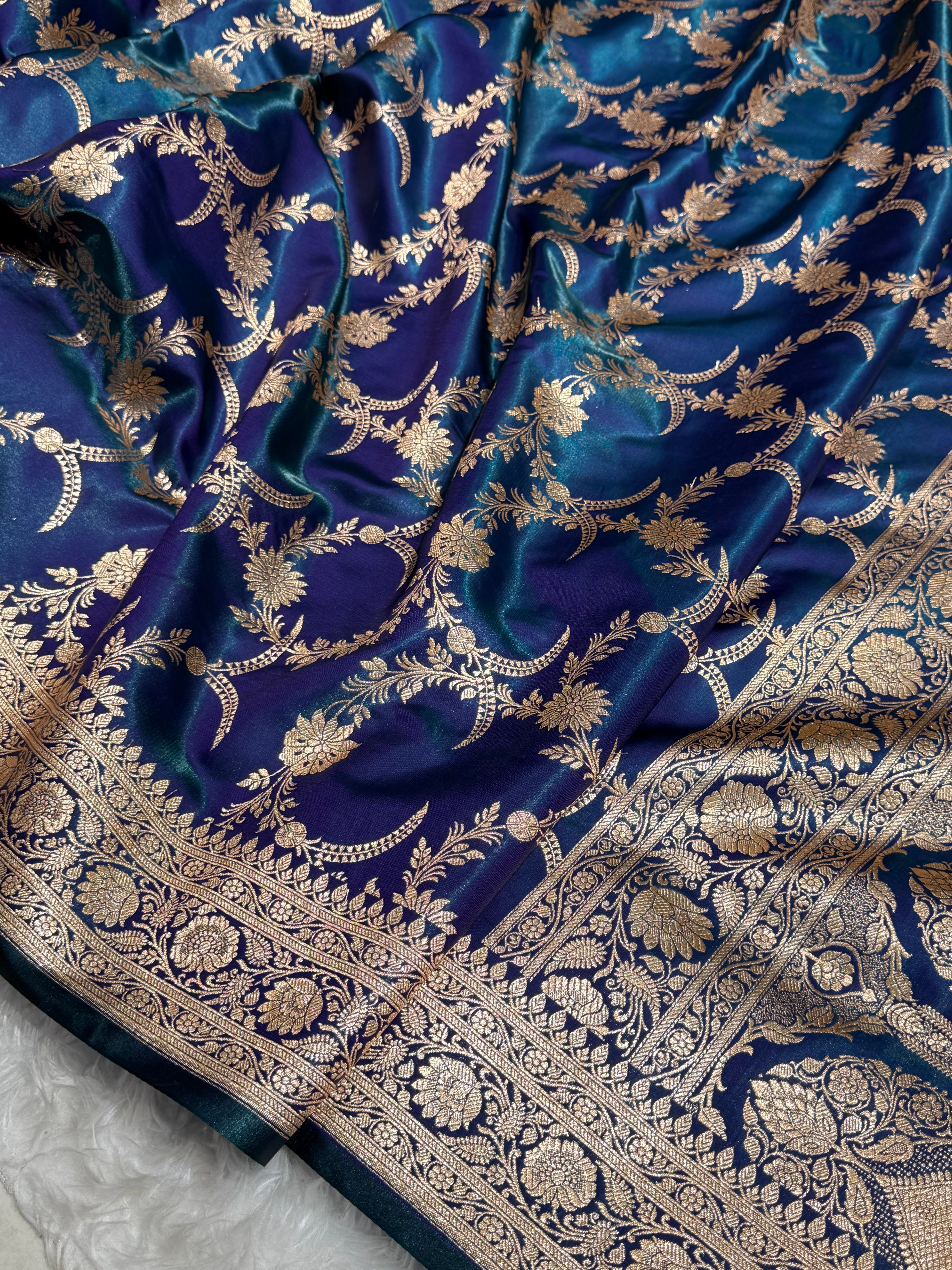 Satin Silk Banarasi Jaal In Peacock Shades SS18