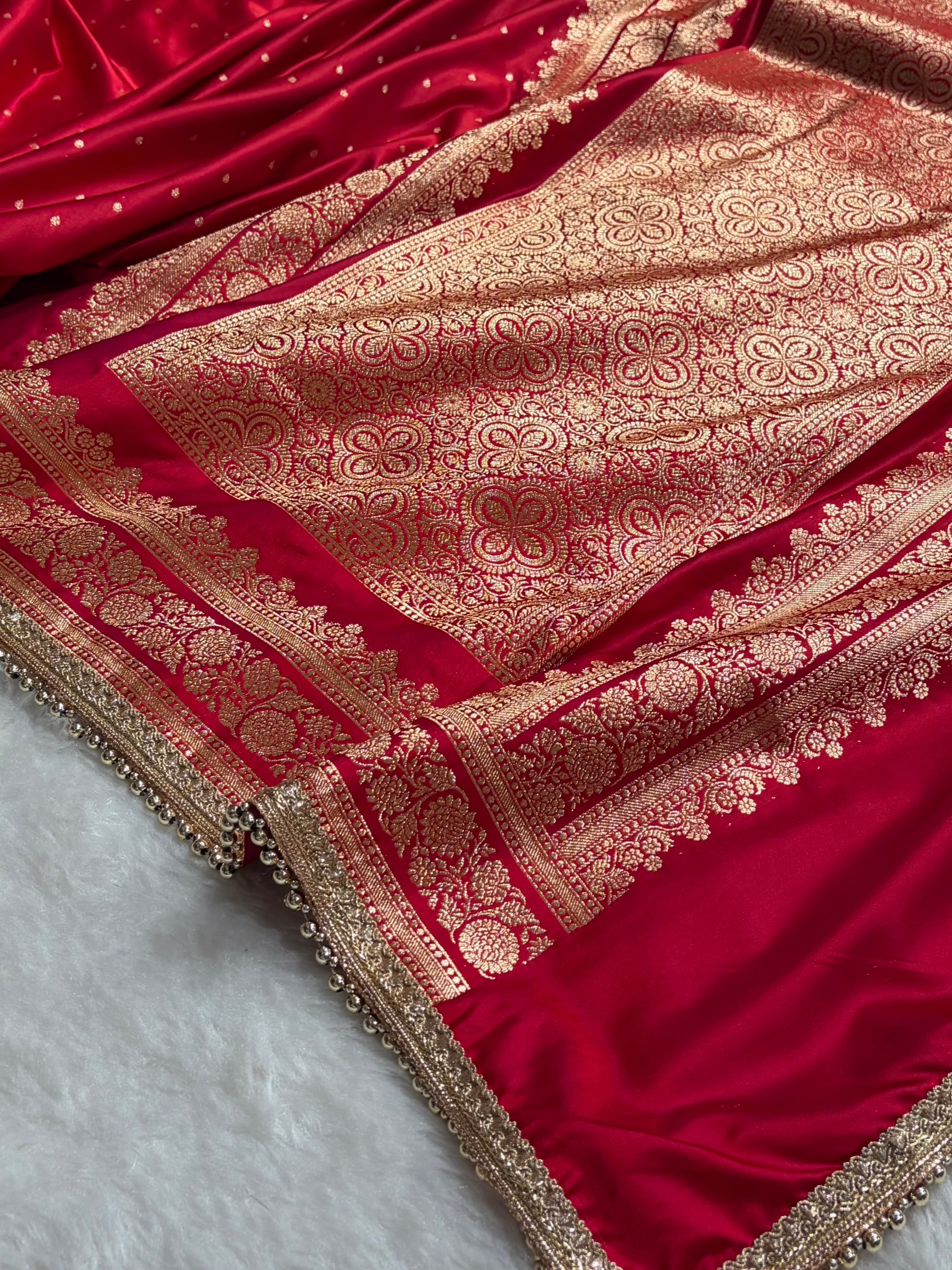 Banarasi Satin Katan Saree With Gotta Patti Work in Cross Red Shades SKGP91