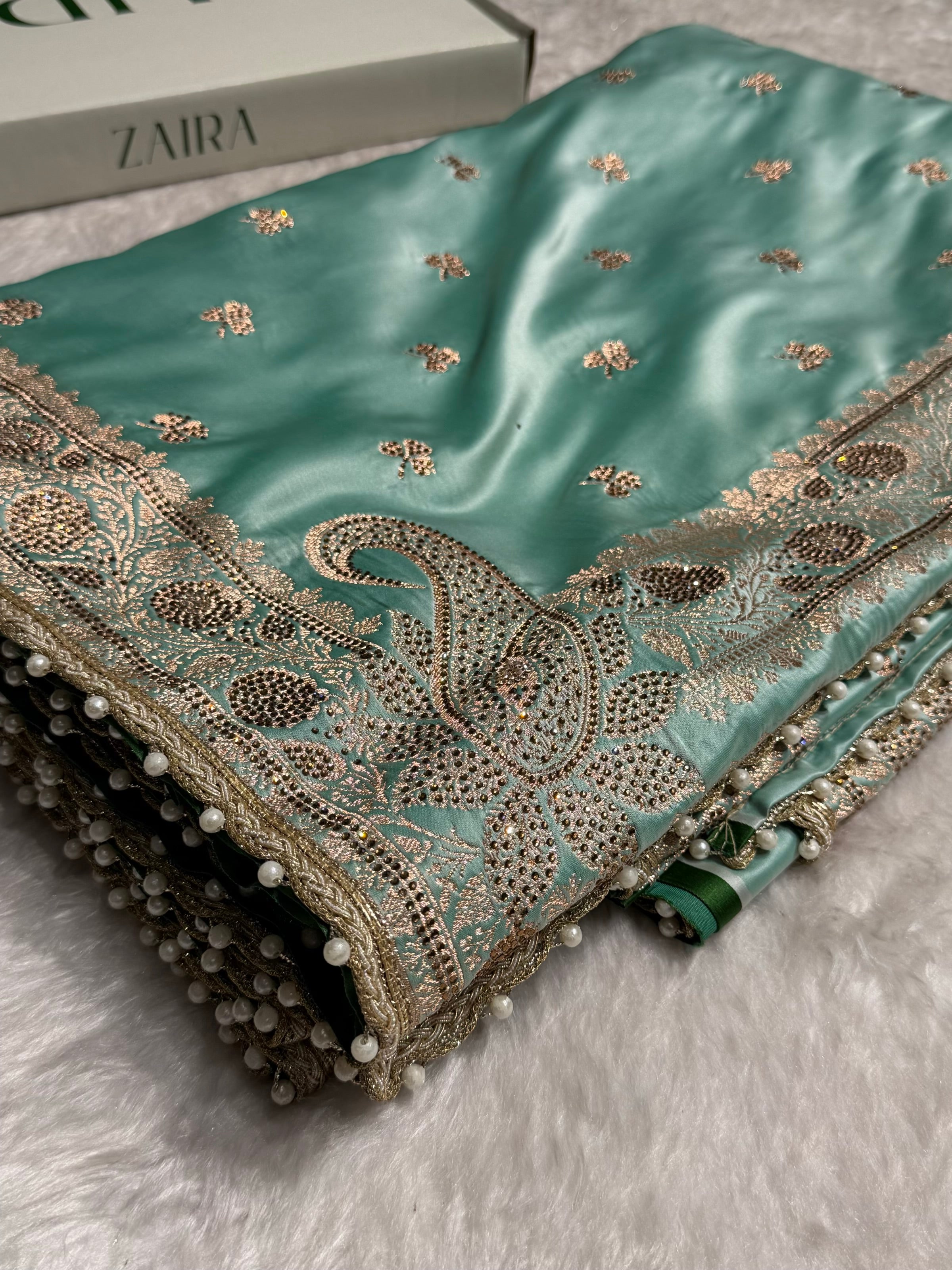 Sea Green Booti With Swarovski Work & Gotta Patti Katan Silk Saree BSKGP09