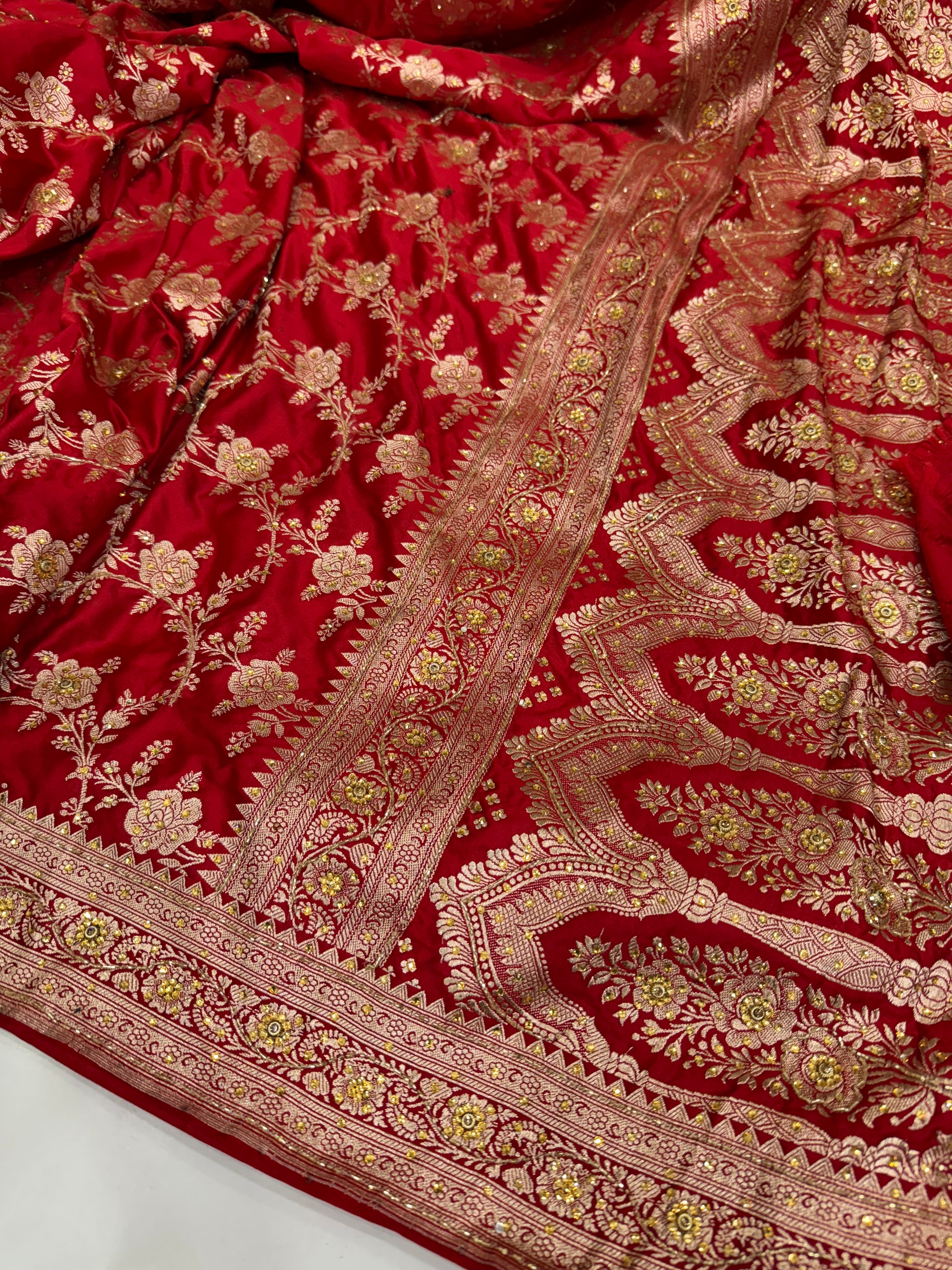 Red Mashru Silk with Ari and stone work