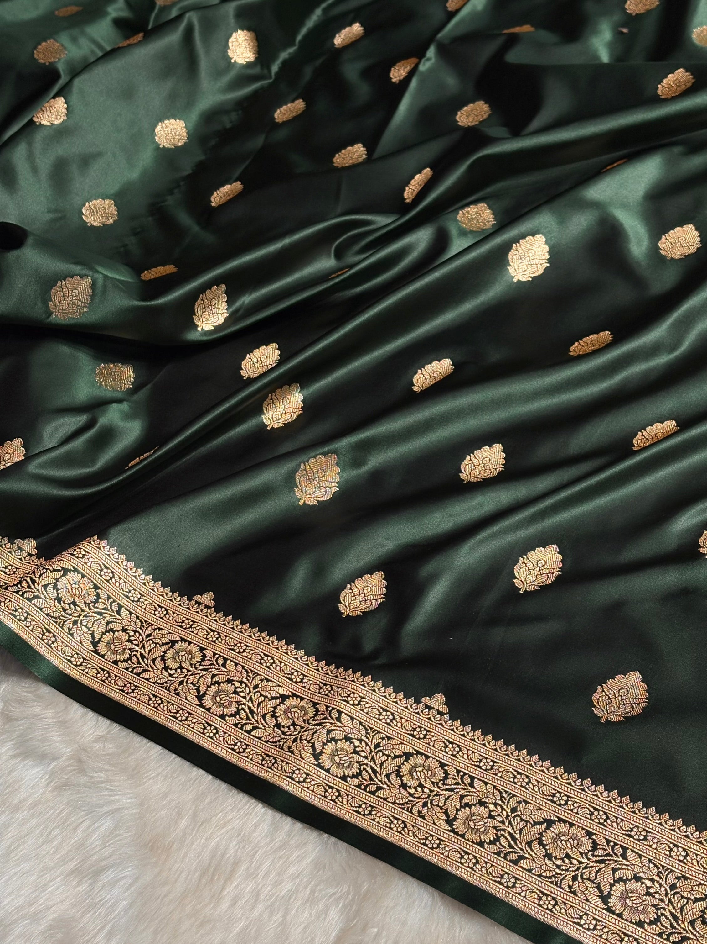 Dark Bottle Green Booti Pattern Satin Katan Silk Saree SK65