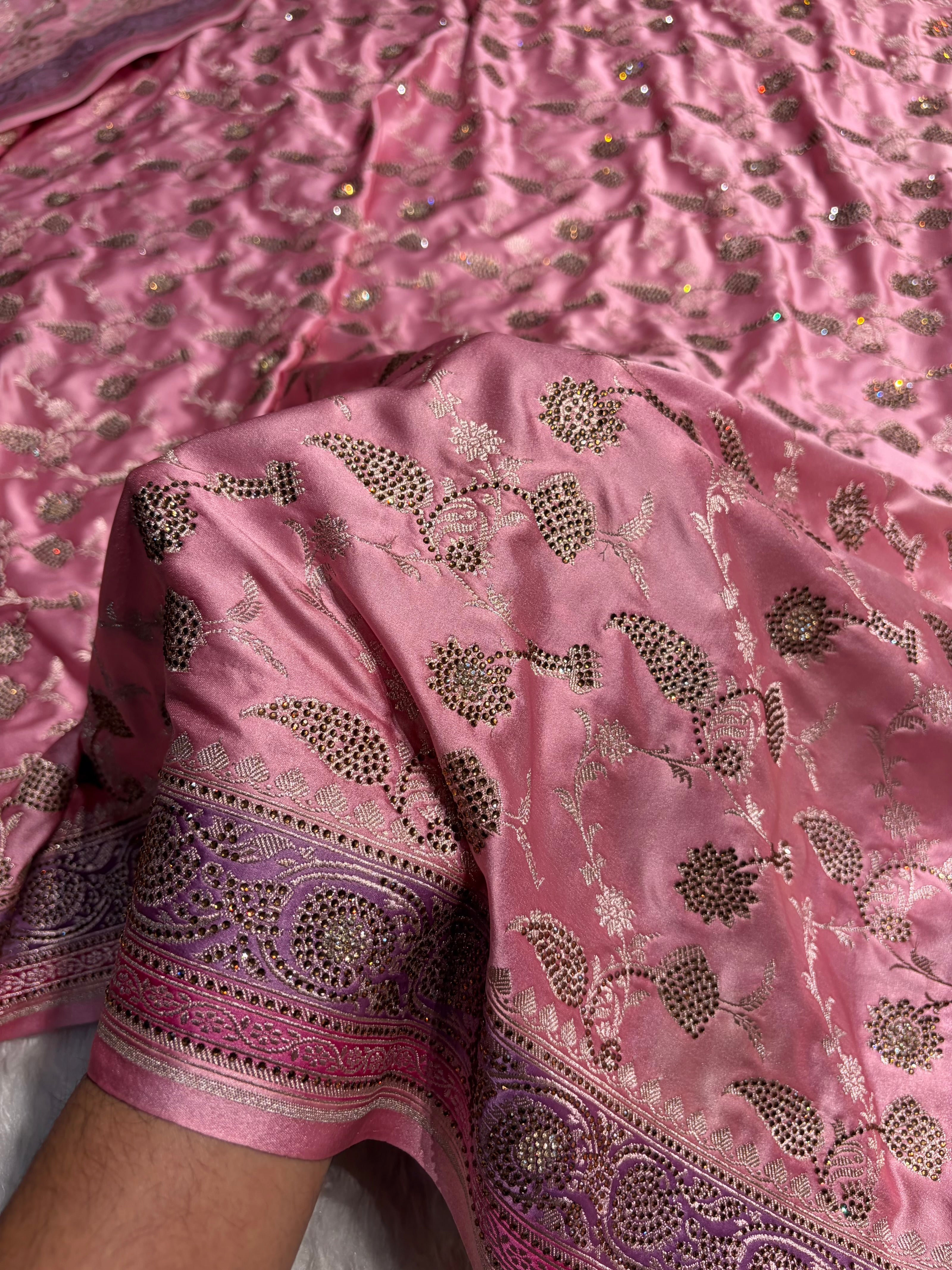 Baby Pink Shades In Banarasi Swarovski Work Jaal Mashru Silk Saree BMS42