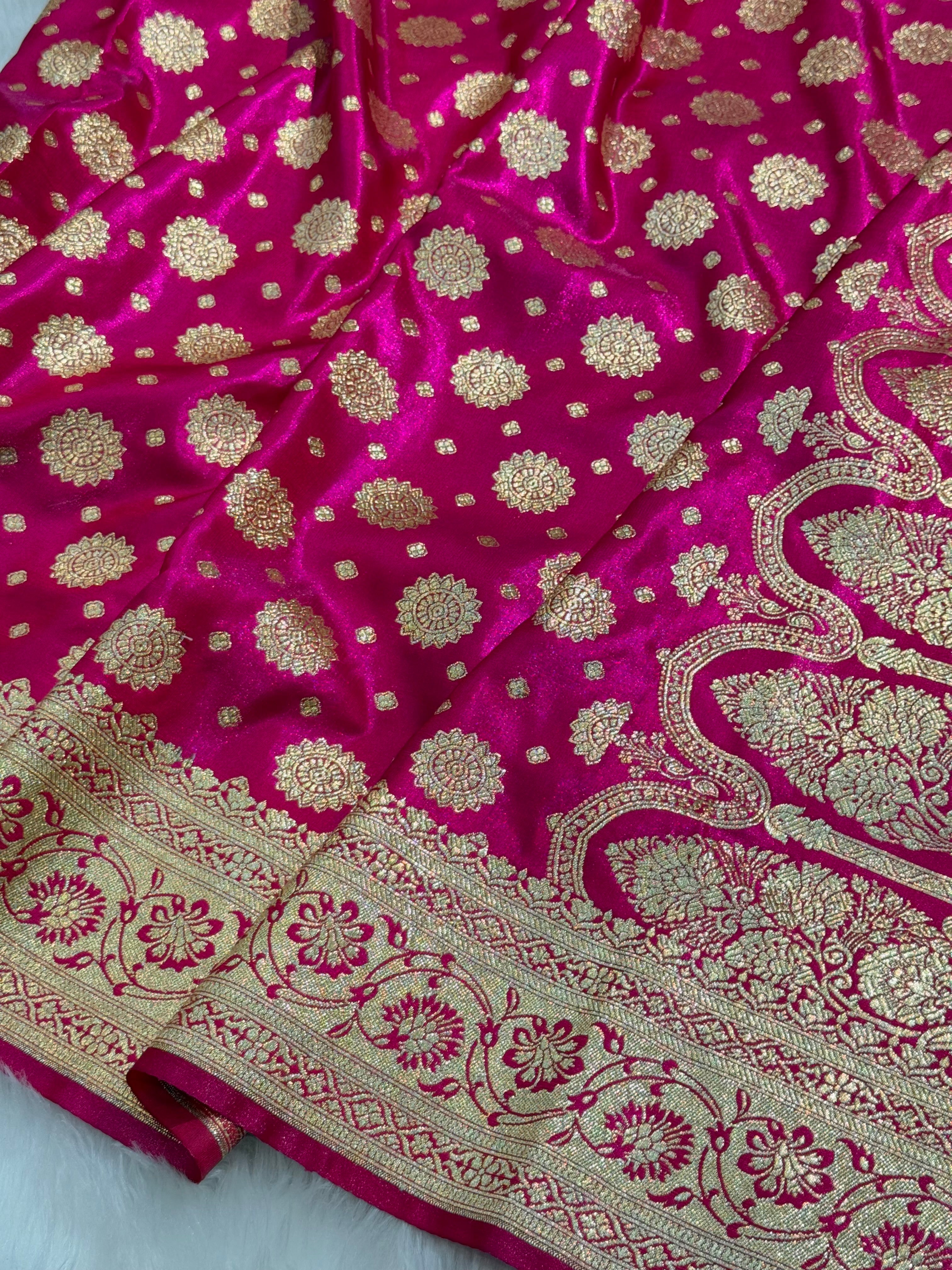 Satin Silk Booti Boota in Rani Shades