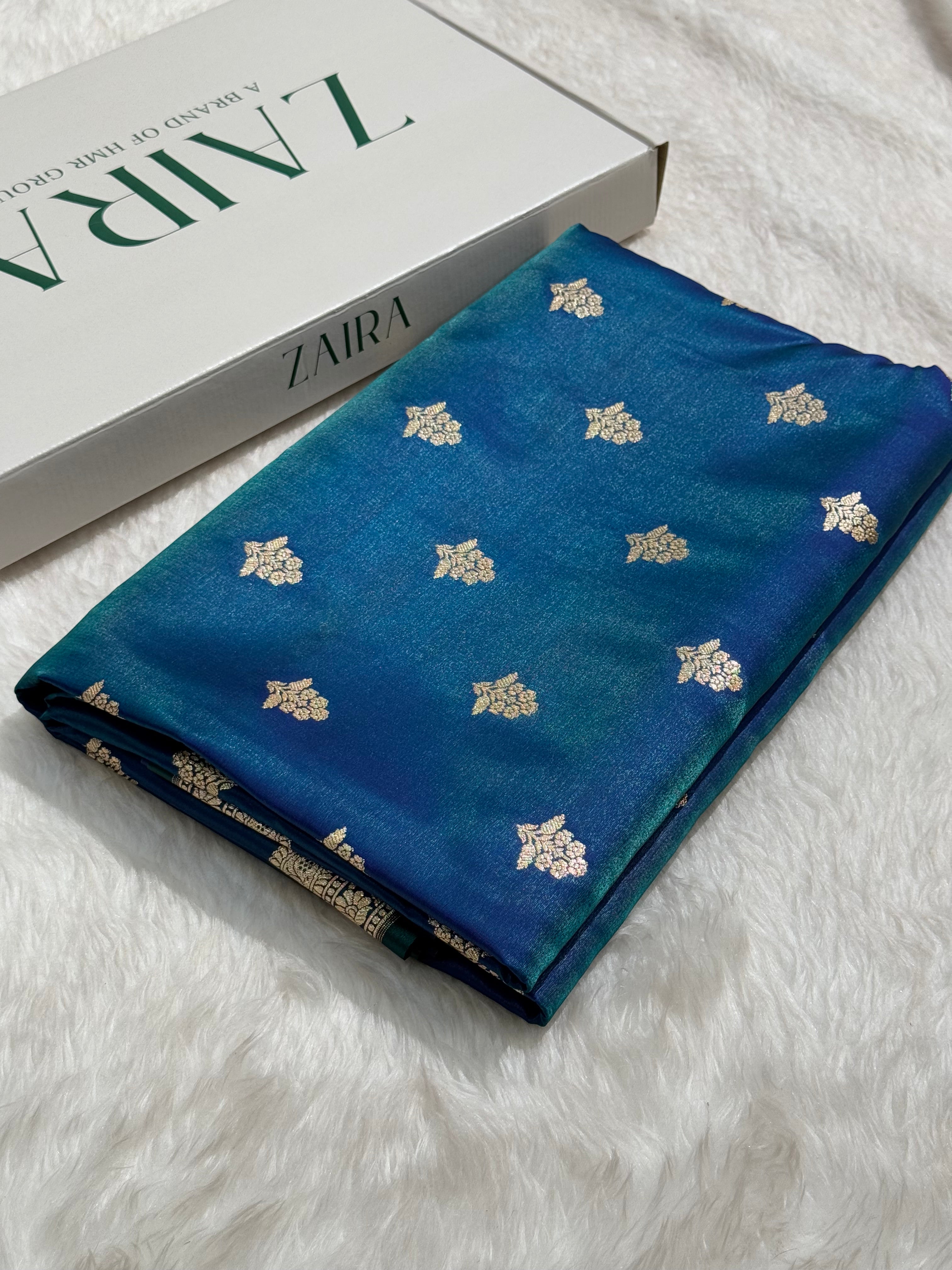 Light Wight Satin Silk Boota in Peacock Shades with brocade Blouse SS07