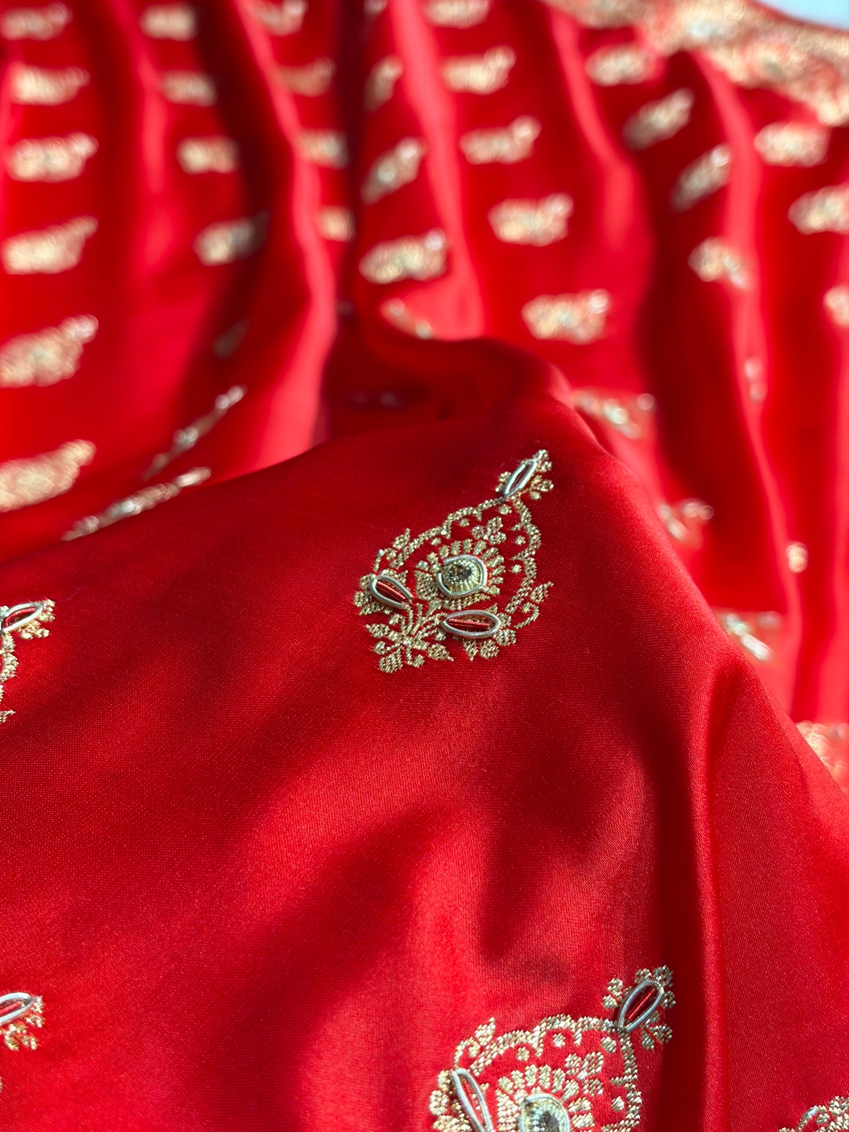 Banarasi Satin Katan Saree With Aari Zardozi Work Boota in Red Shades BSK98