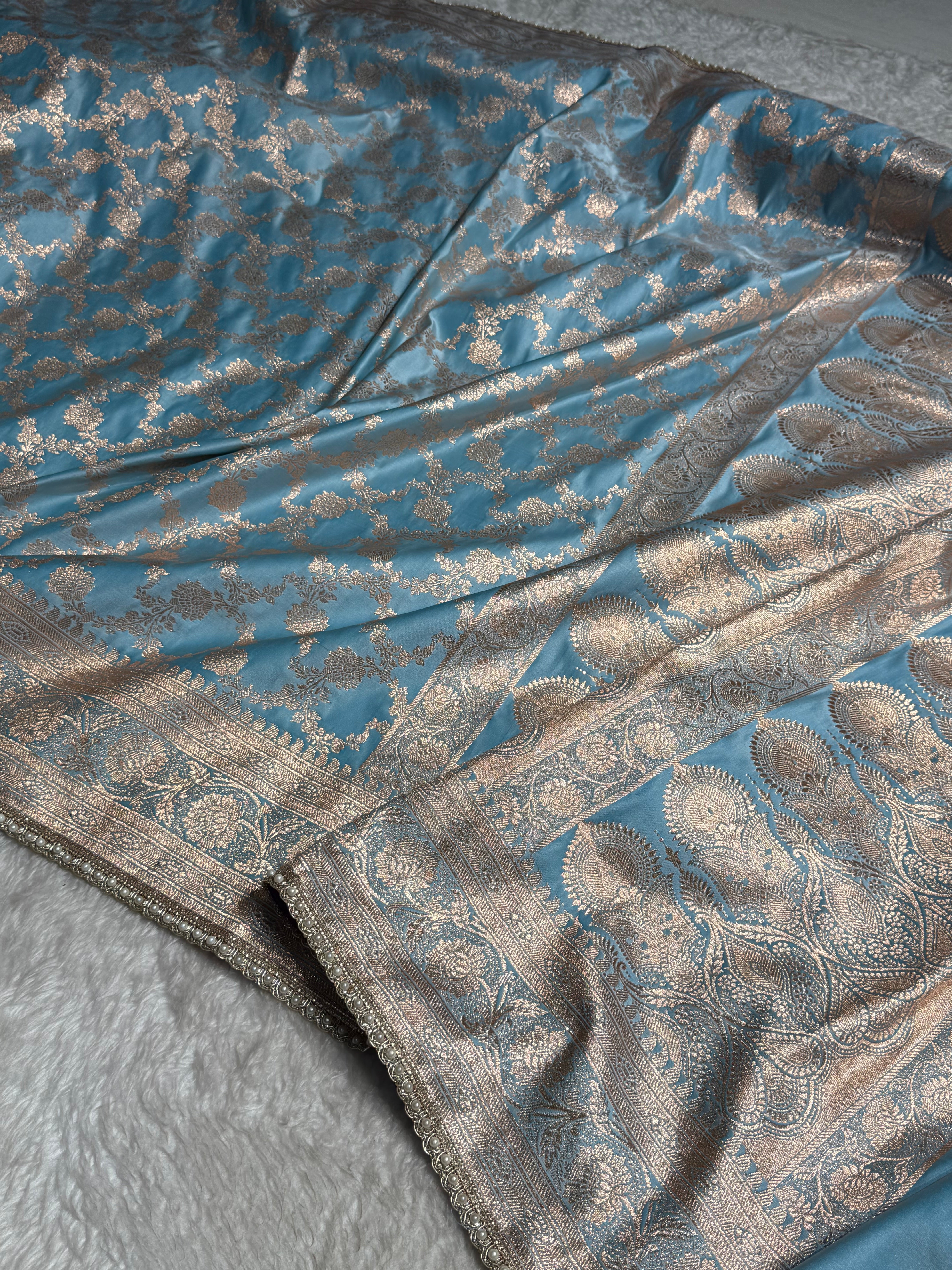 Banarasi Satin Katan Silk Saree In Sky Blue Shades with gotta Patti