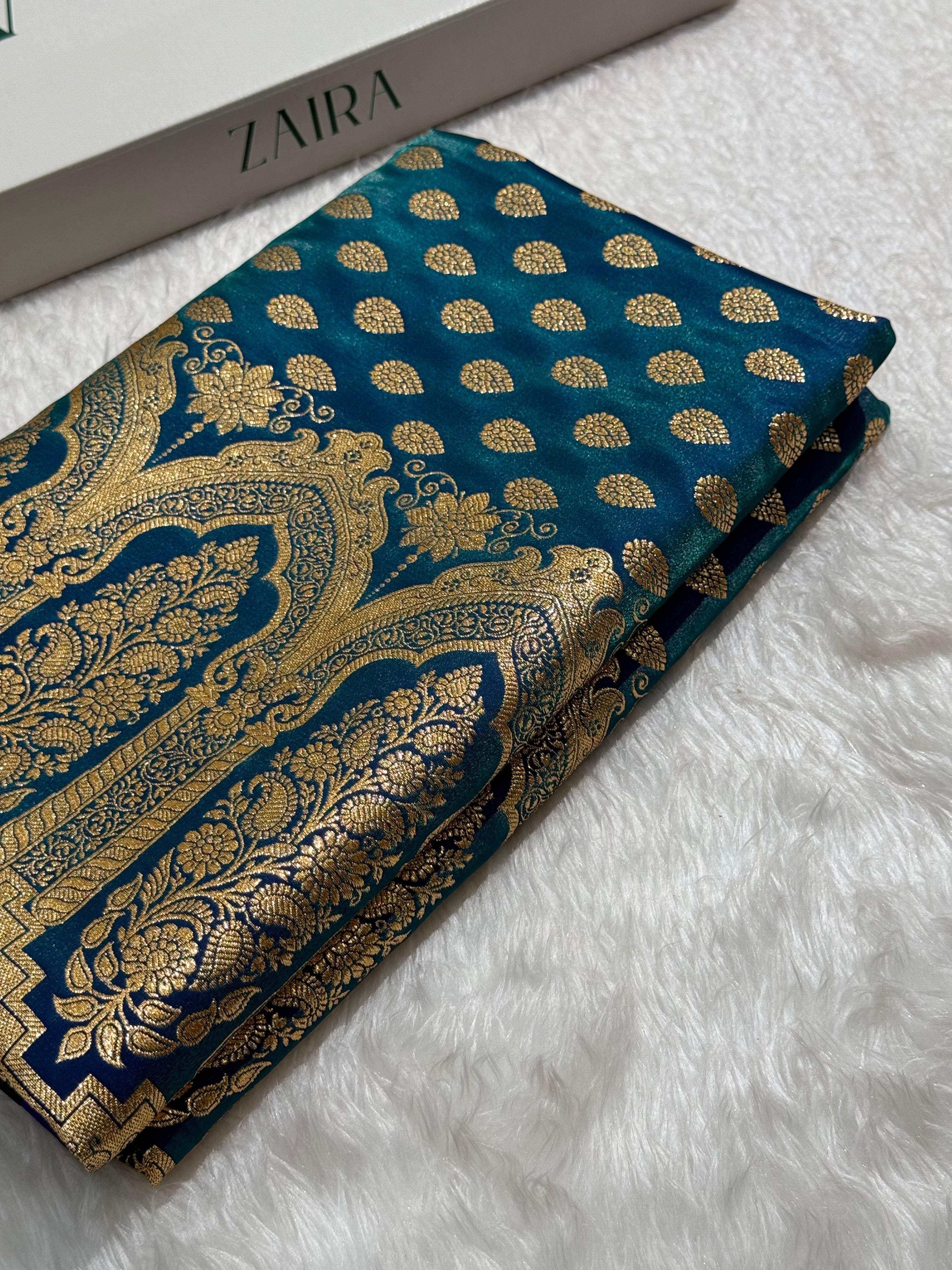 Light Weight Satin Silk booti in Peacock SS02