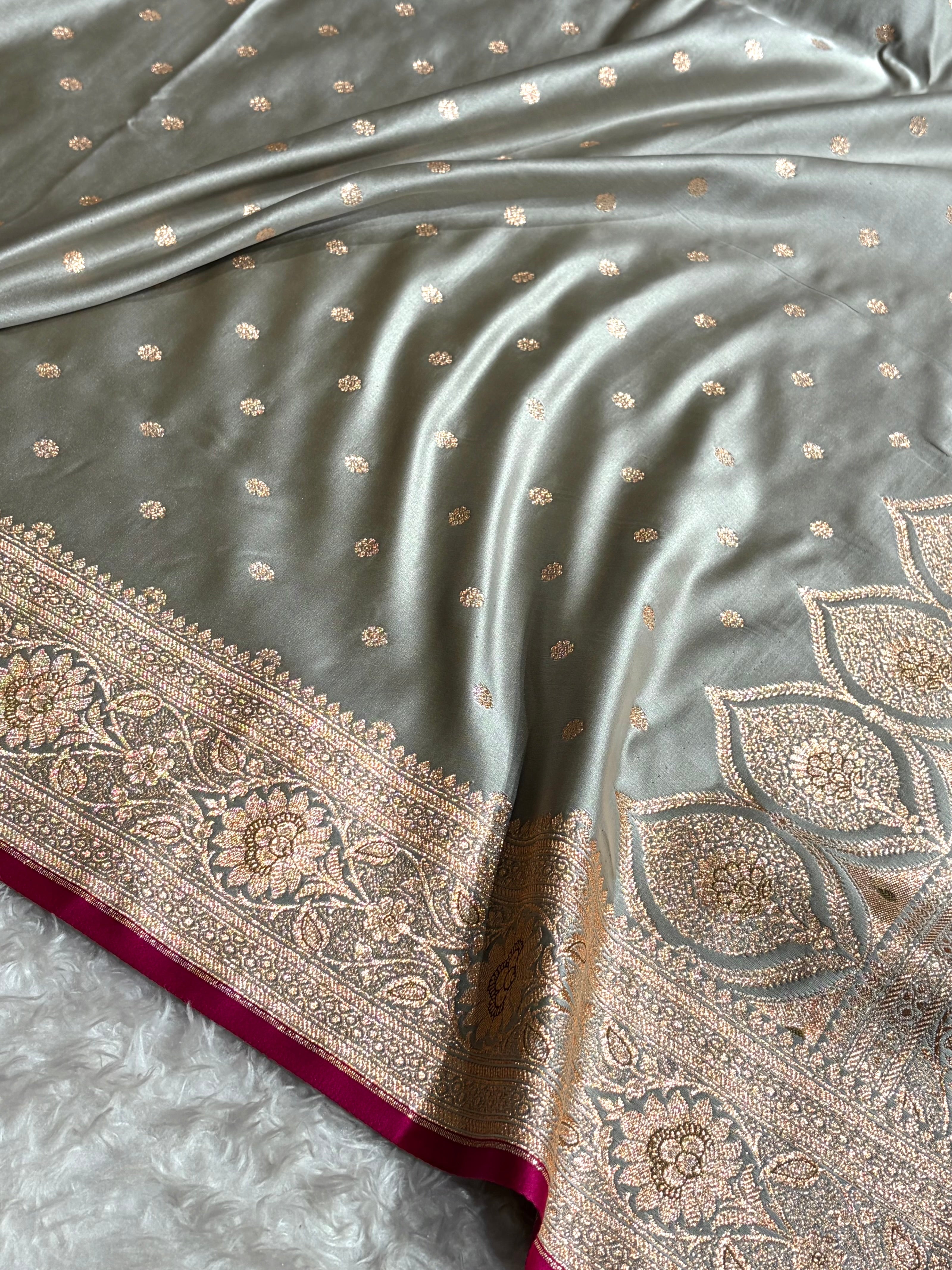 Banarasi Grey Booti Satin katan Silk Saree SK11