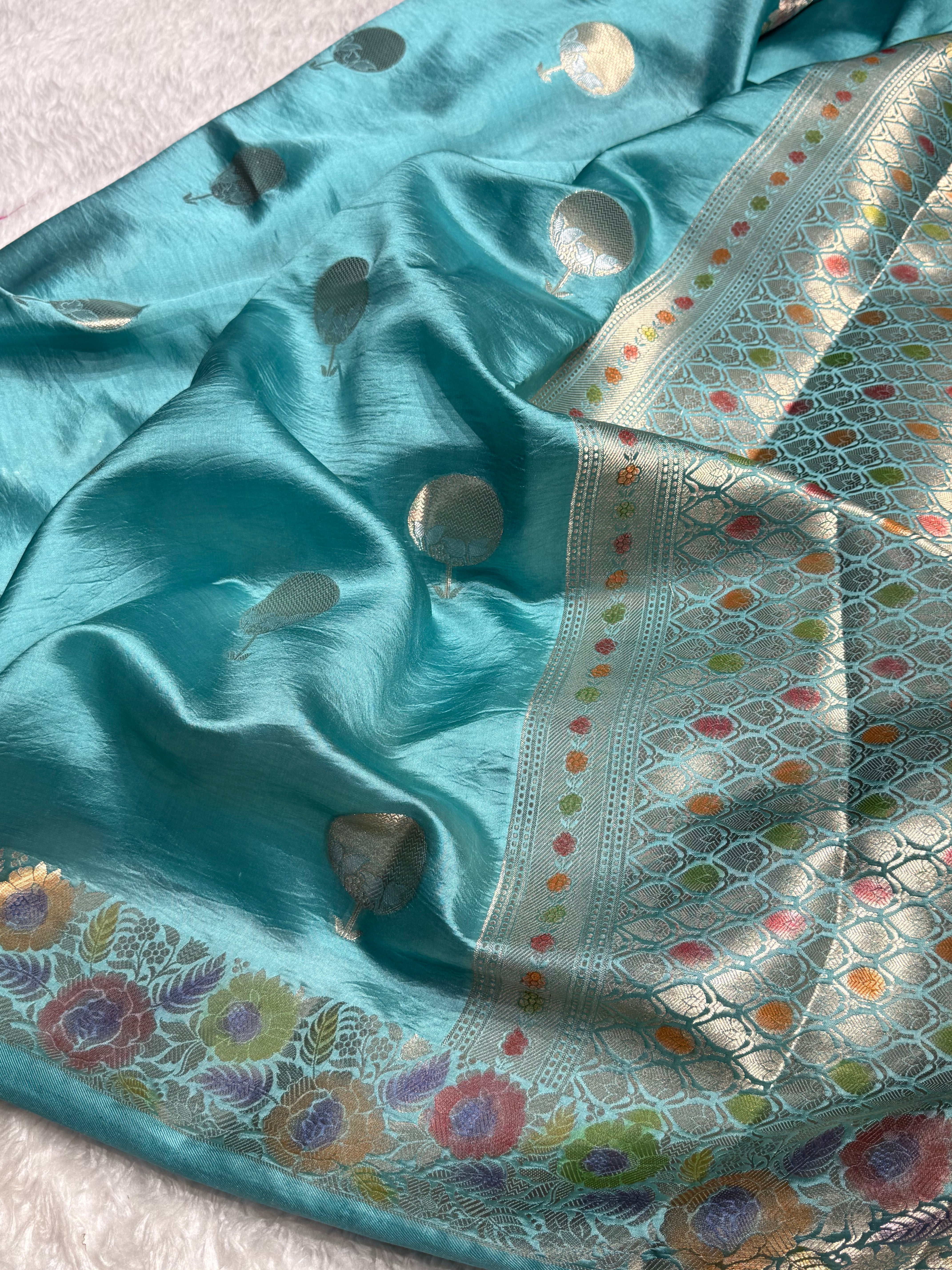 Aqua Green Flower Boota Pure Caramel Mango Silk Saree