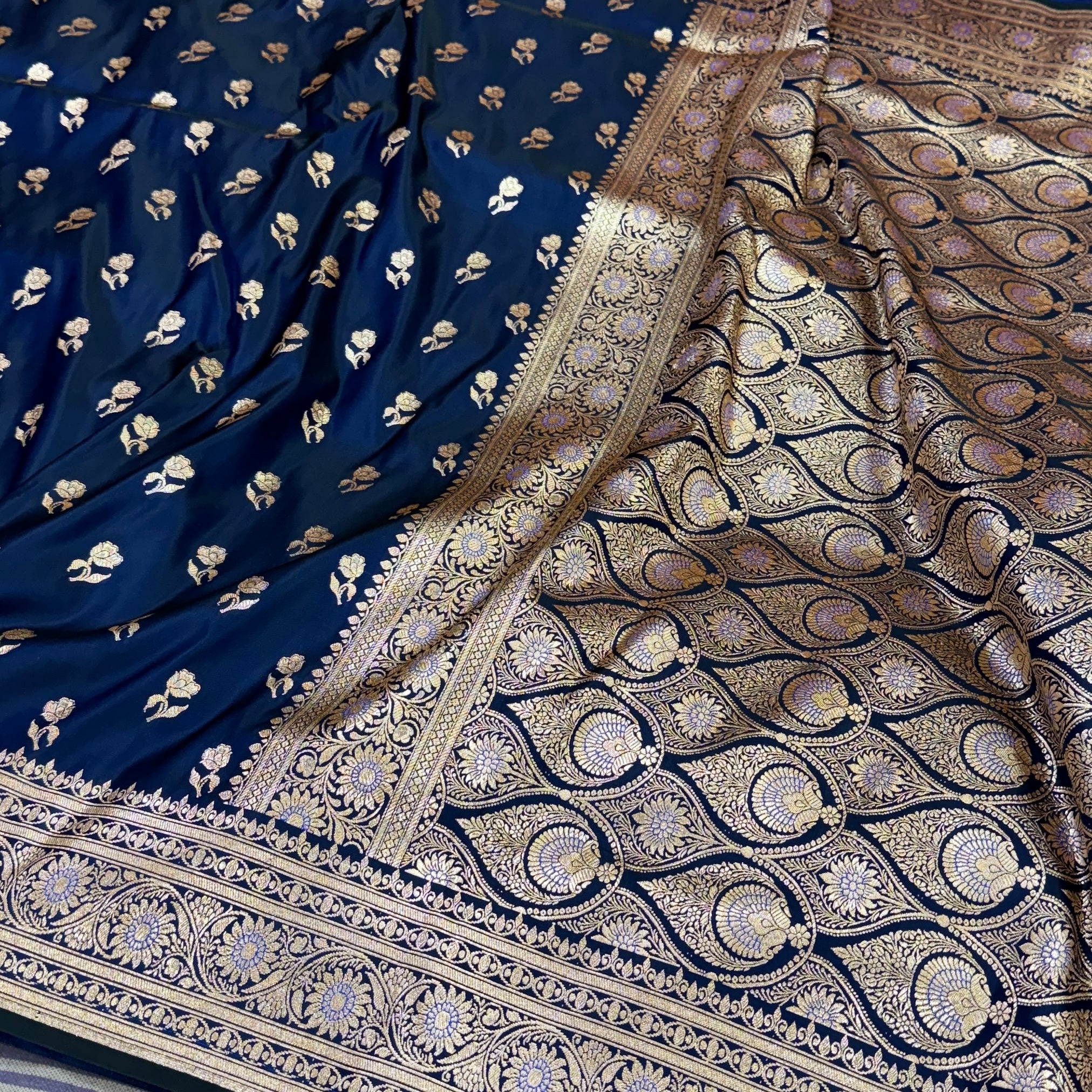 Navy Blue Floral Booti Katan Silk Saree with strip blouse SK13