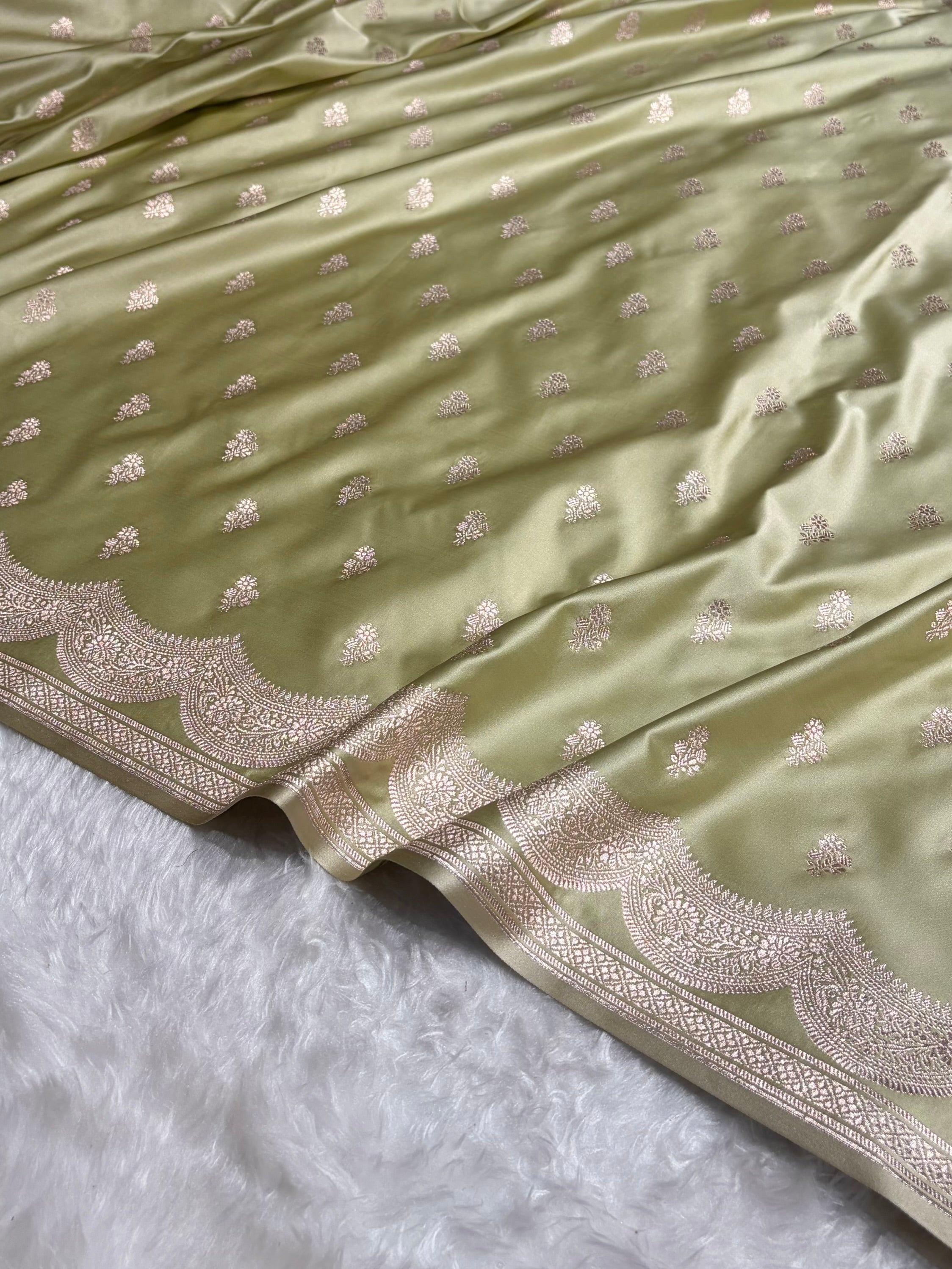 Pista Scallop Booti Mashru Silk Banarasi Saree MSM-35