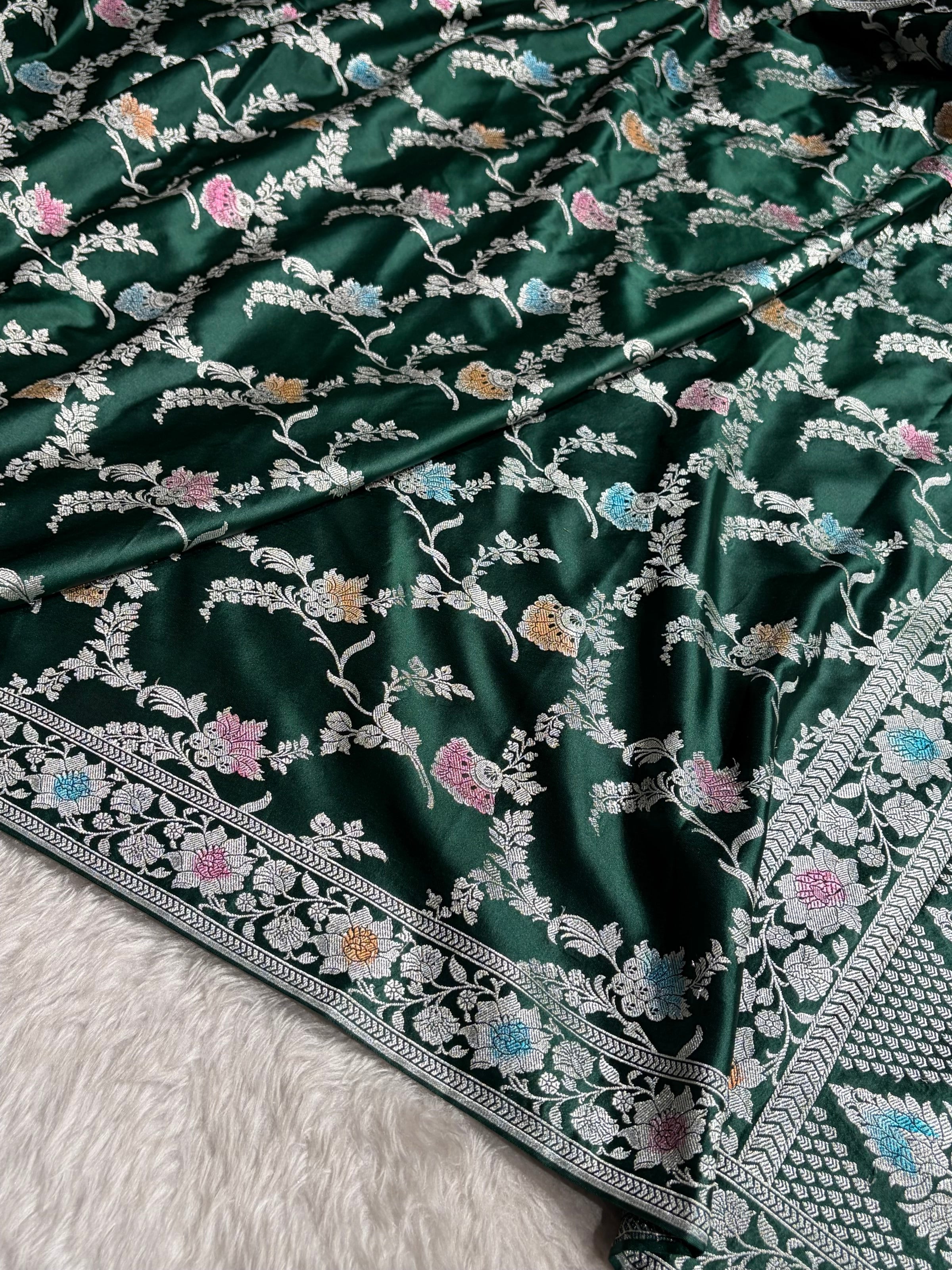 Dark Bottle Green Shades Minakari Jaal Mashru Silk Saree MCS48