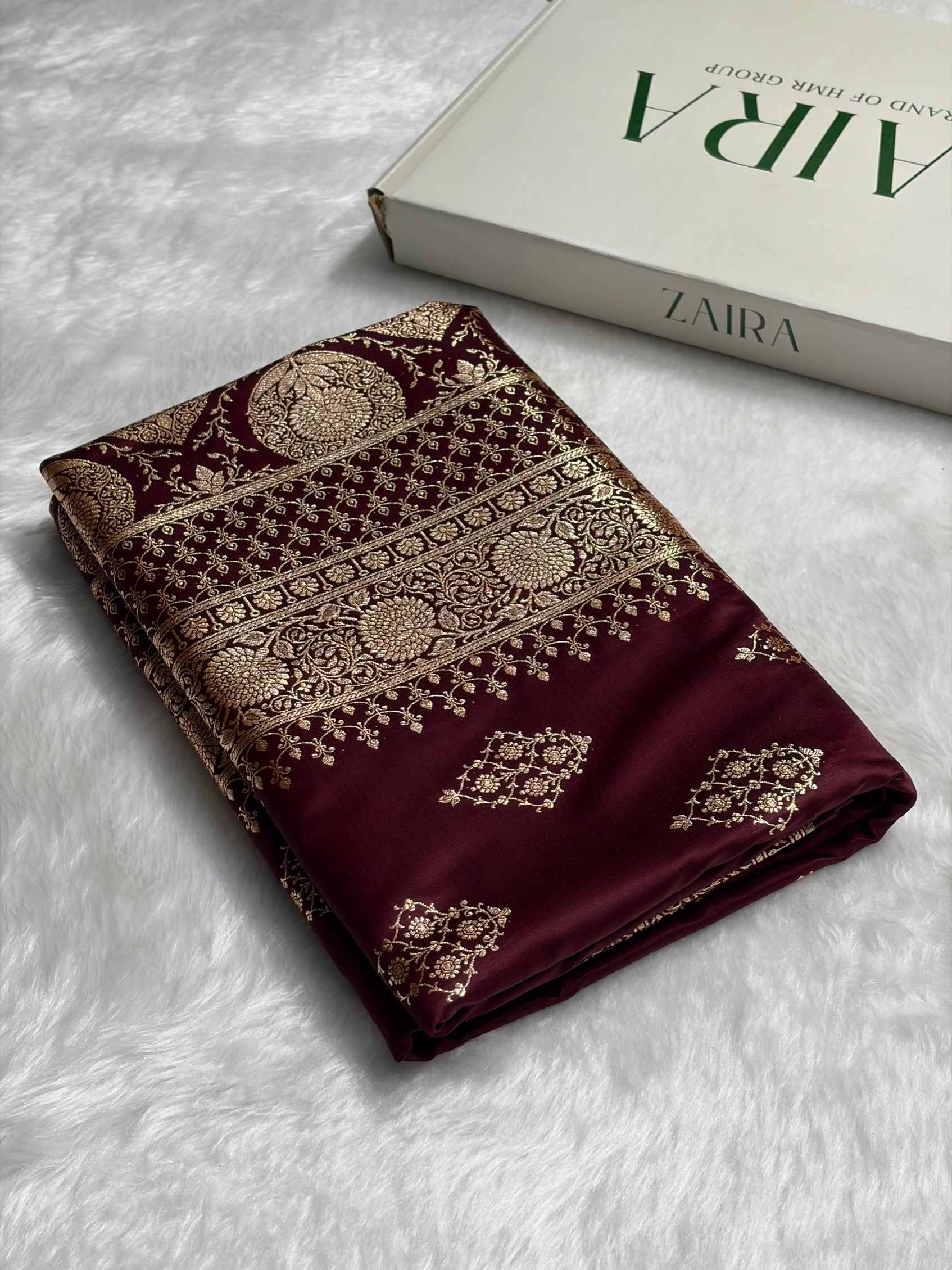 Garnet Floral Boota Satin Katan Silk saree SK35