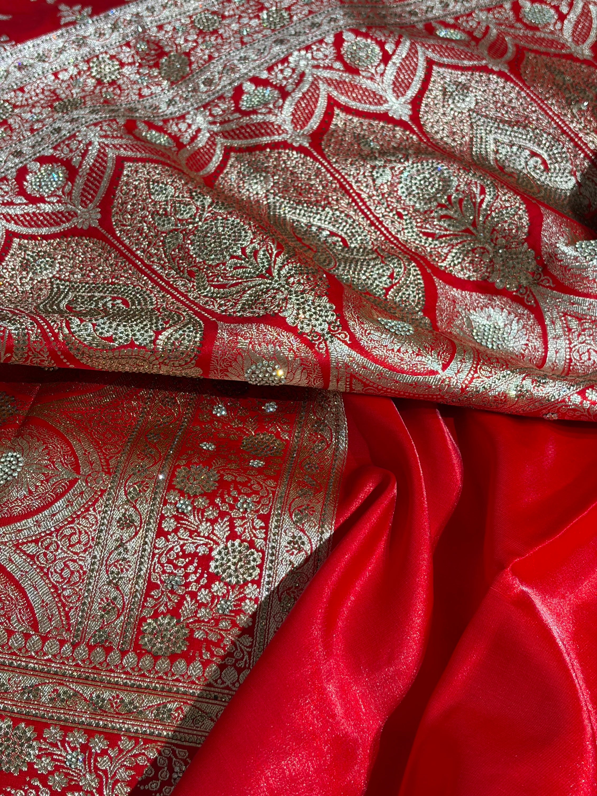 Light Weight Red Satin Silk Saree with Swarovski work BSS14