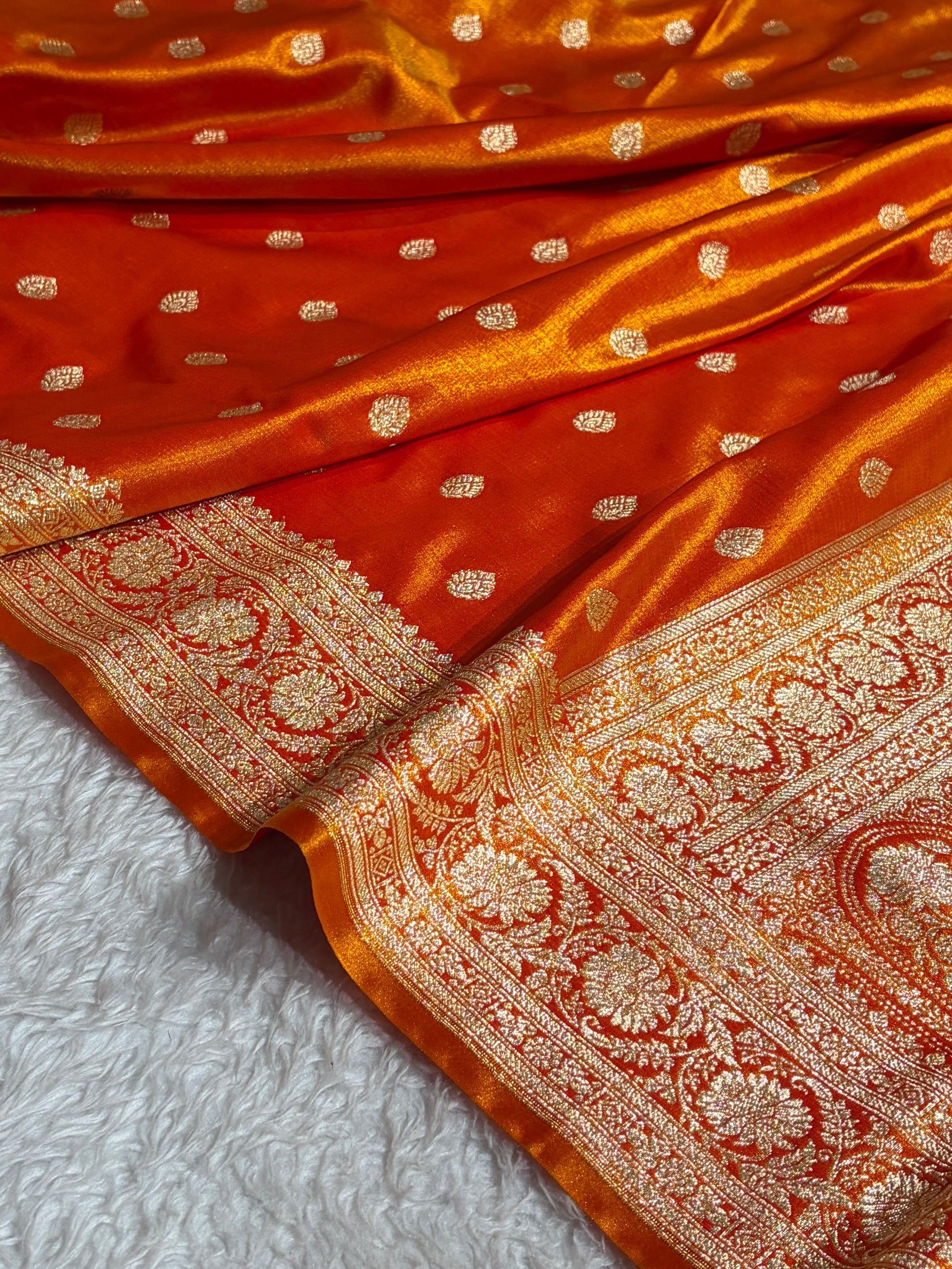 Orange Gold Shades Boota Pattern Banarasi Satin Silk Saree SS45