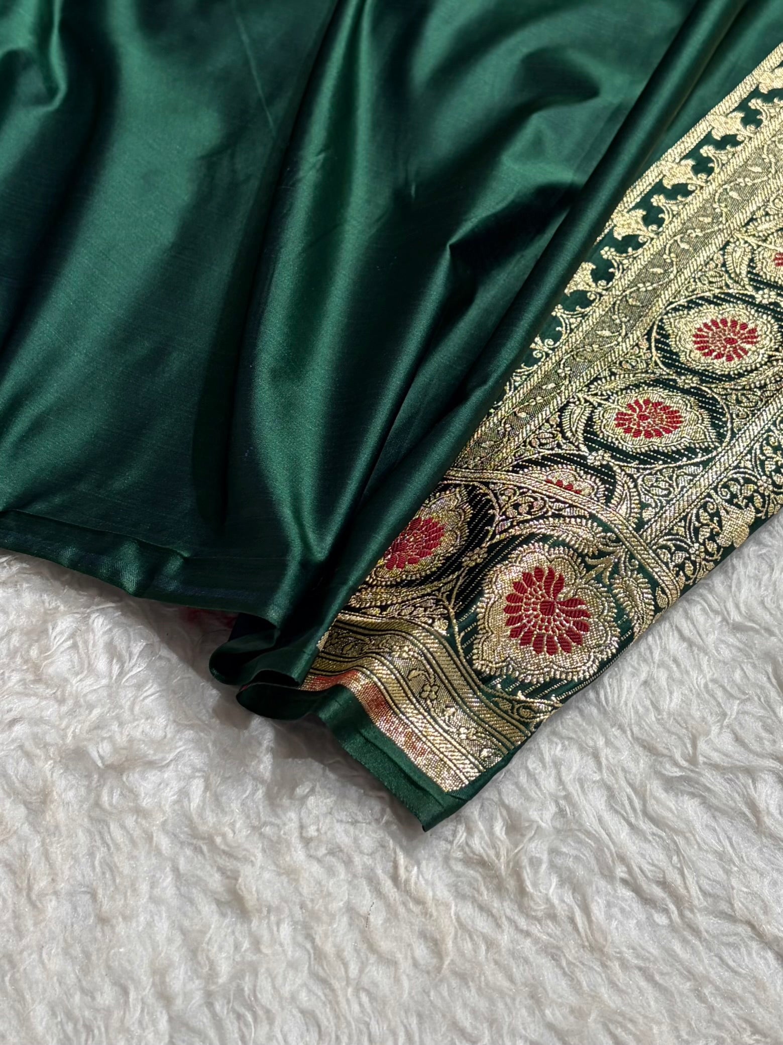 Bottle Green Shades Minakari Booti Satin Katan Silk saree