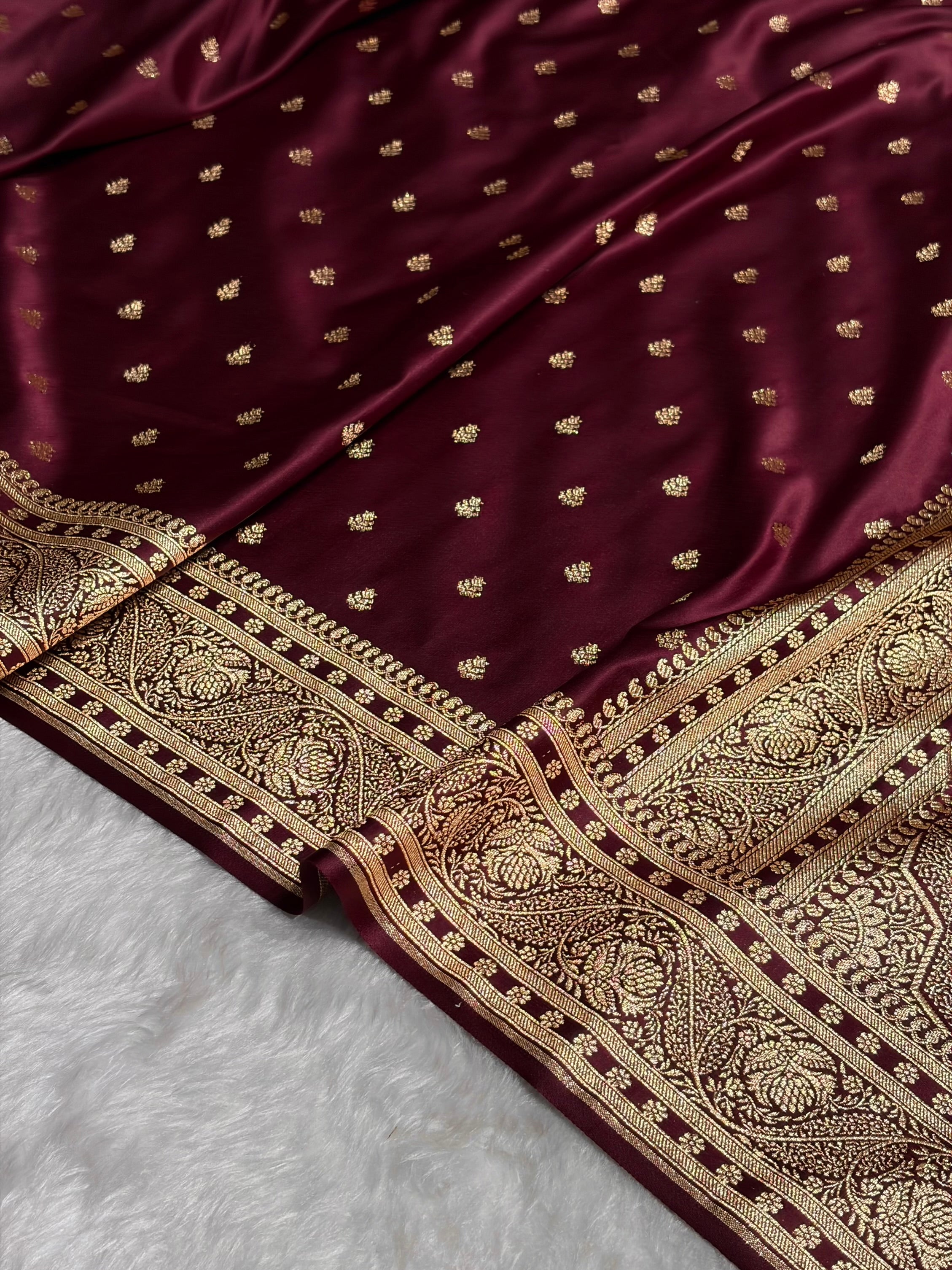 Garnet Floral Pattern Satin Katan Silk Saree SK78
