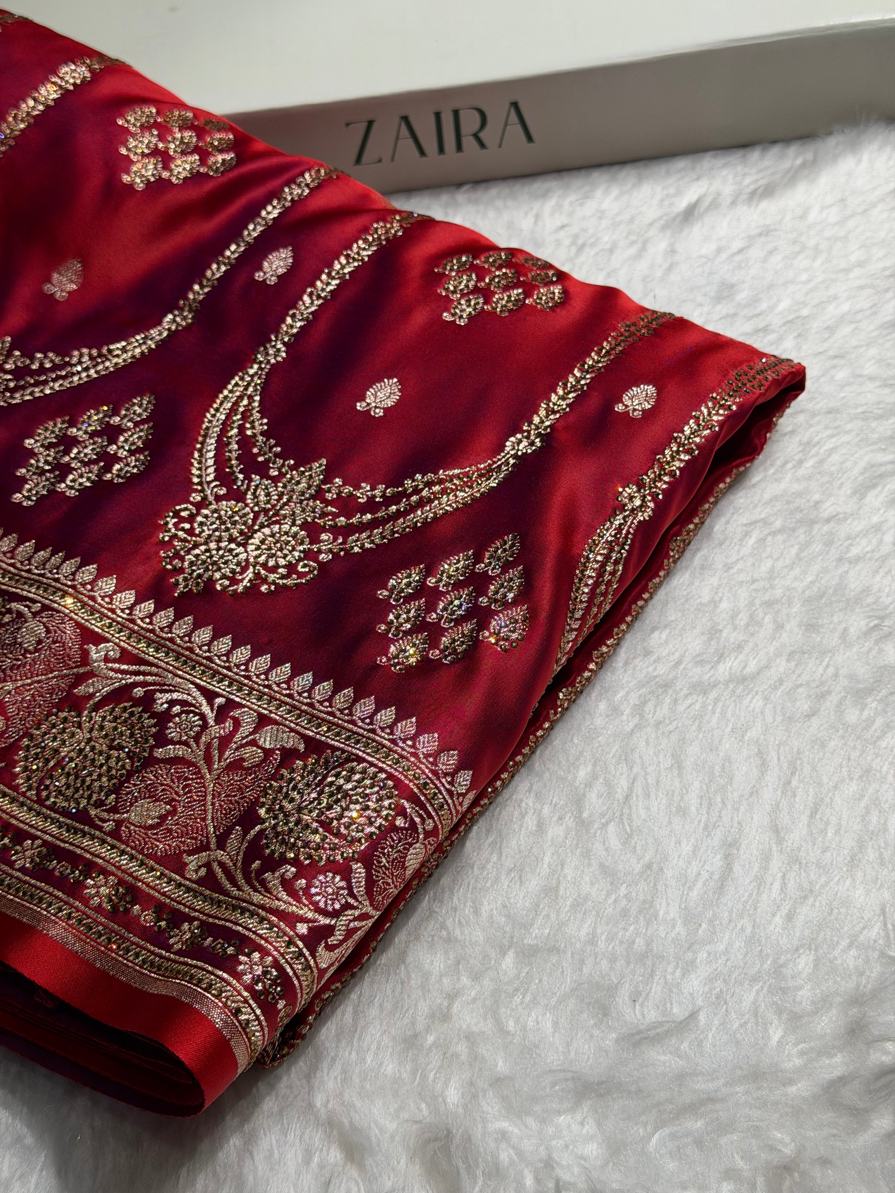 Cross Red Floral Boota Pattern With Bananas Swarovski Stone Work Satin Katan Silk saree BSK39