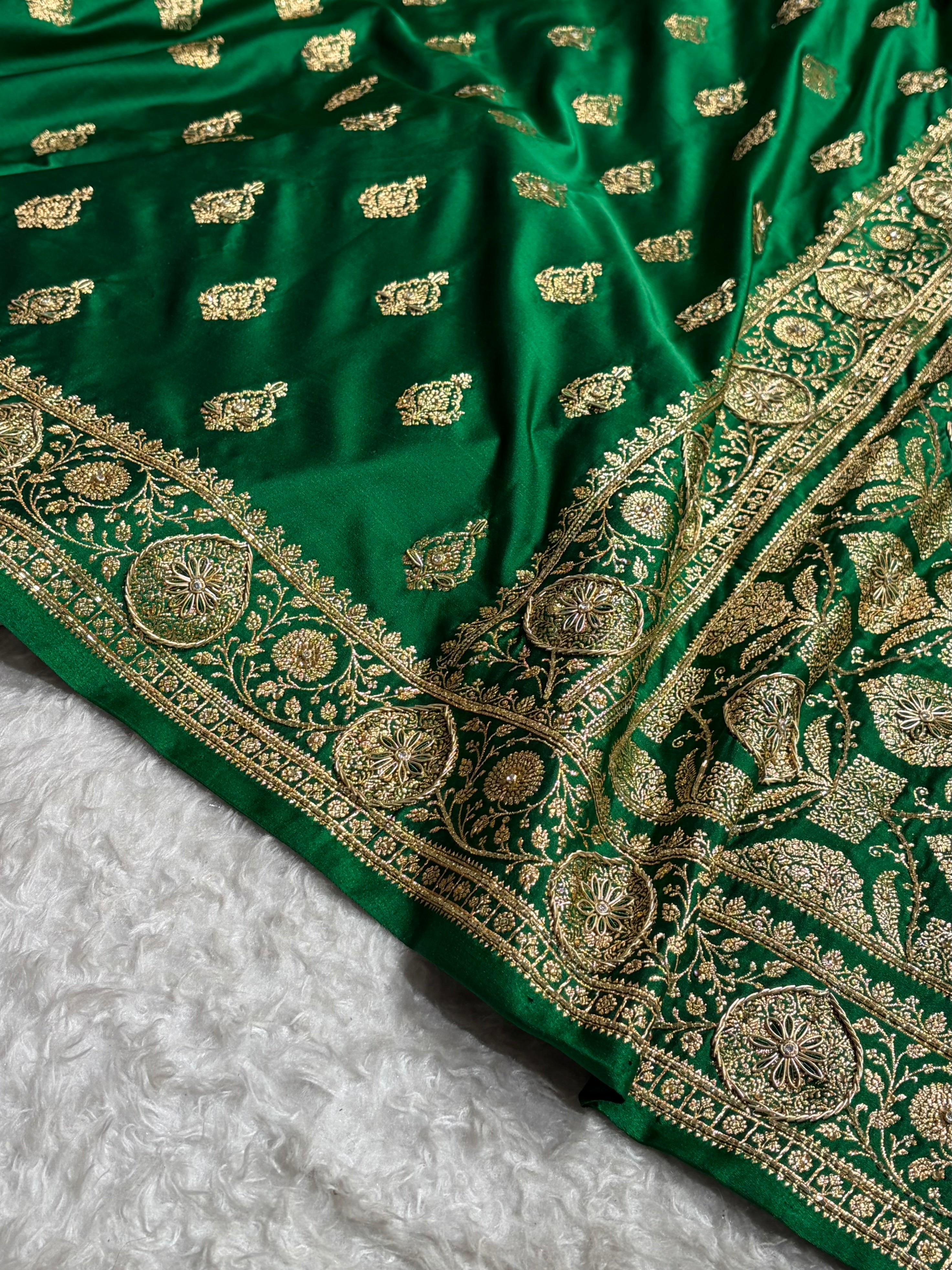 Banarasi Satin Katan Saree With Aari Zardozi Work Boota in Bottle Green Shades BSK98