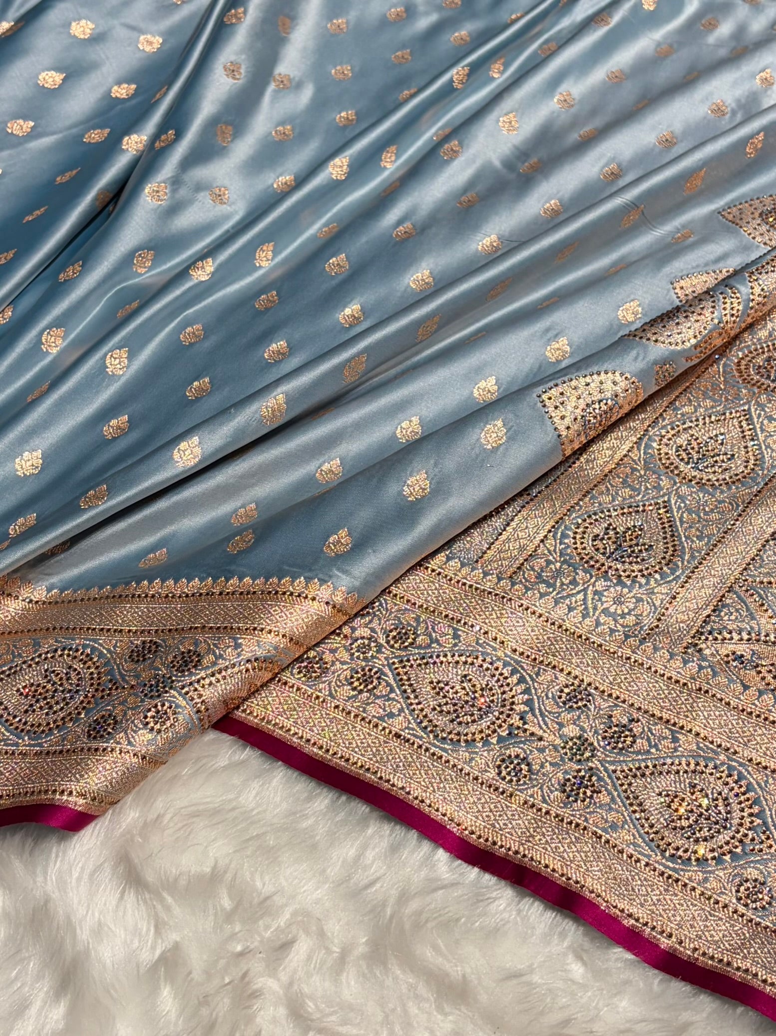 Sky Blue Swarovski Work Booti Satin Katan Silk Saree BSK10