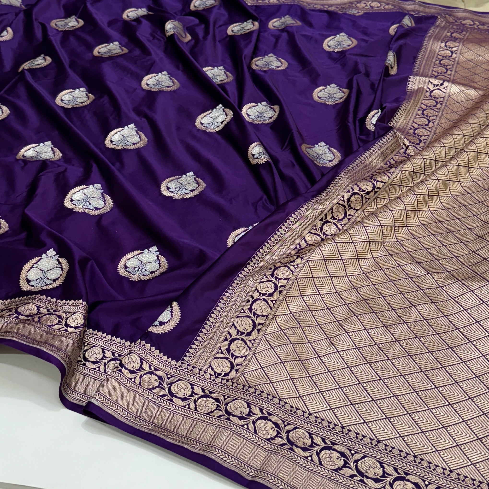 Indigo Purple Minakari Boota Mashru Silk Saree