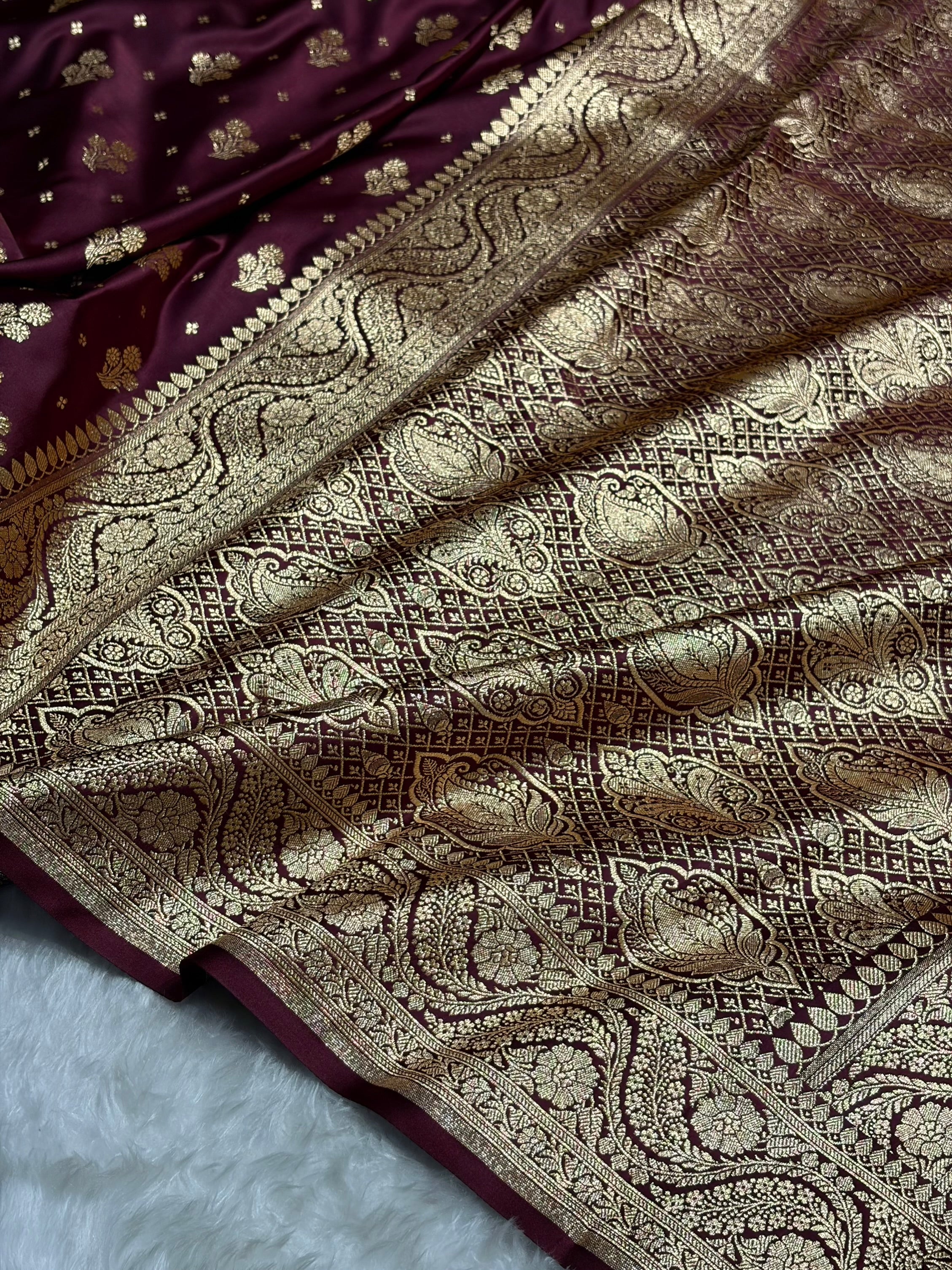 Garnet Floral Unique Boota Pattern Satin Katan Silk Saree SK73