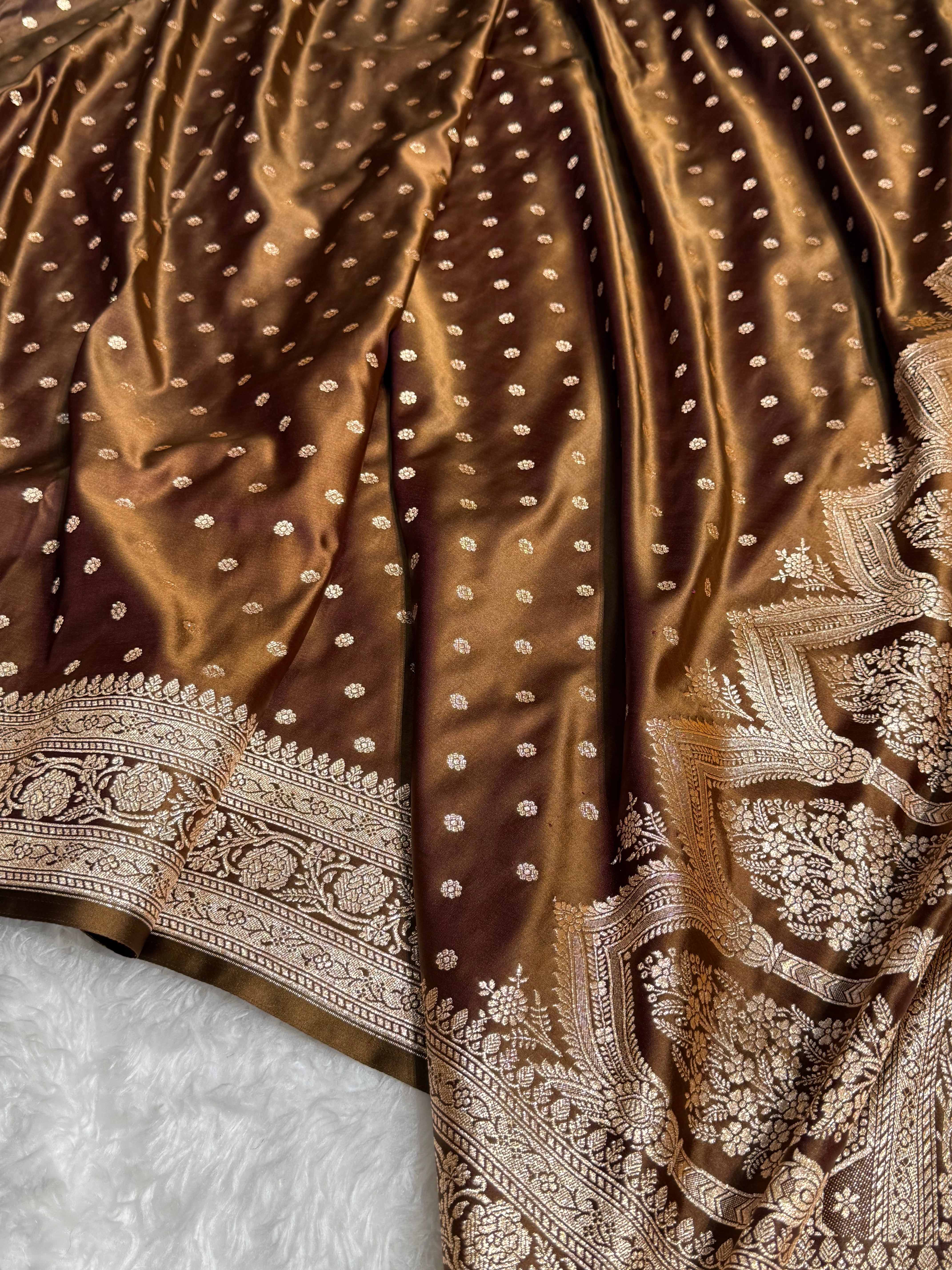 Cross Brown Booti Katan Silk Saree