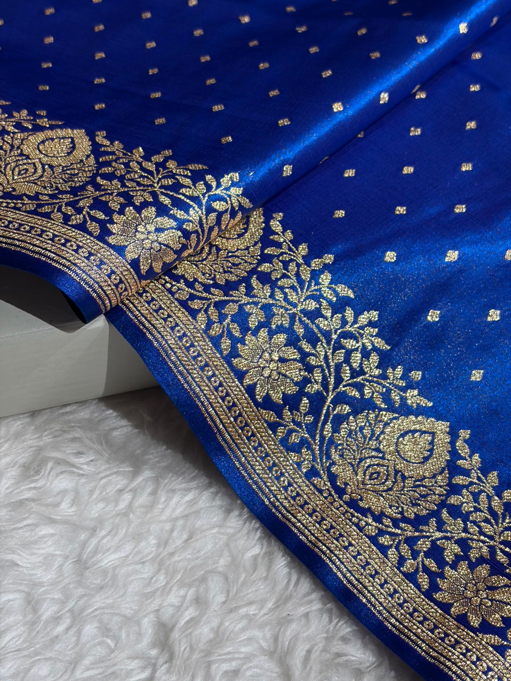 Satin Silk Saree Floral Boota in Royal Blue Shades SS28